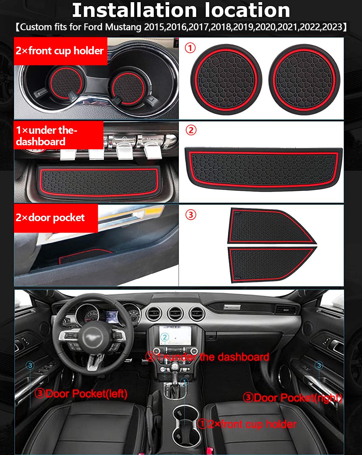 Auprite Non-Slip Mats For Mustang Accessories 2015-2023, Custom Fits Cup Holder Liners Mats Door Pocket Center Console Liners,5P