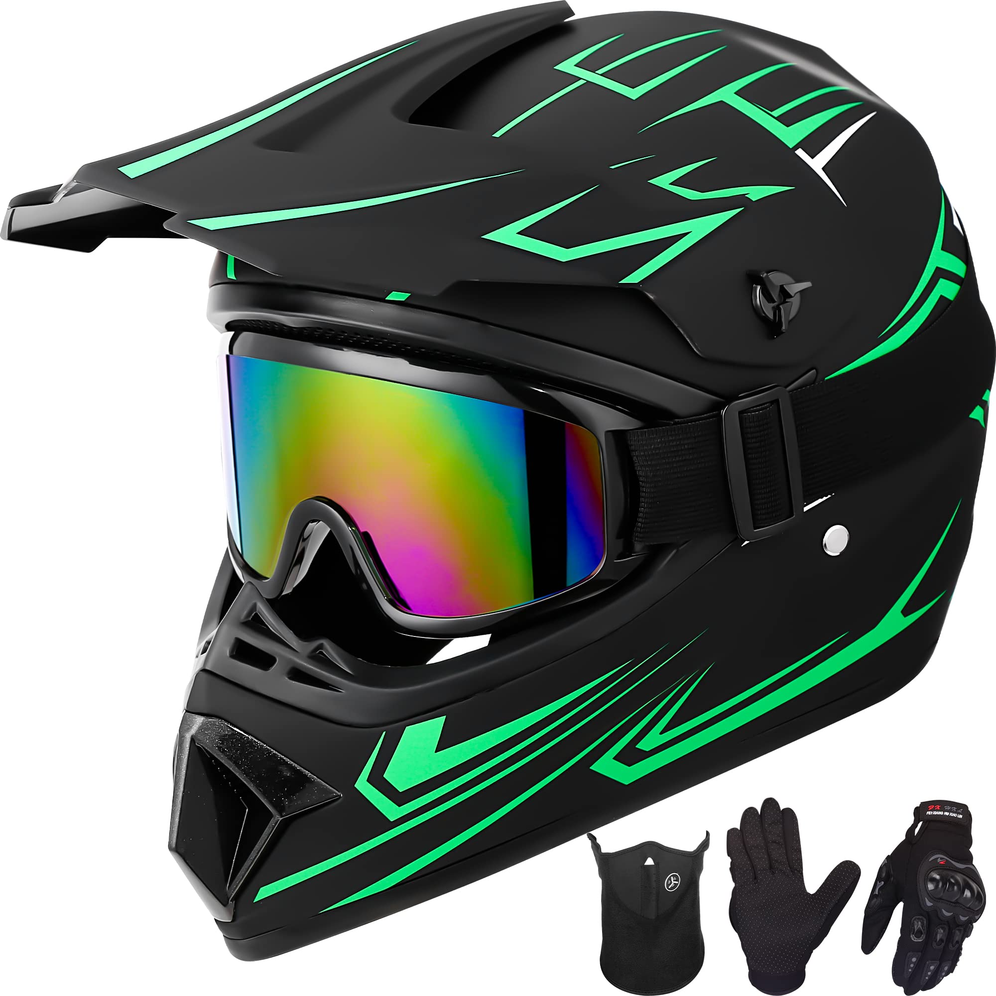 Yesmotor Youth Kids Motocross Helmet Full Face Motorcycle Dirt Bike Off-Road Mountain Bike Bmx Mx Atv Helmet- Dot Approved With(Gloves Goggles Mask) 4Pcs Set (Green,L)