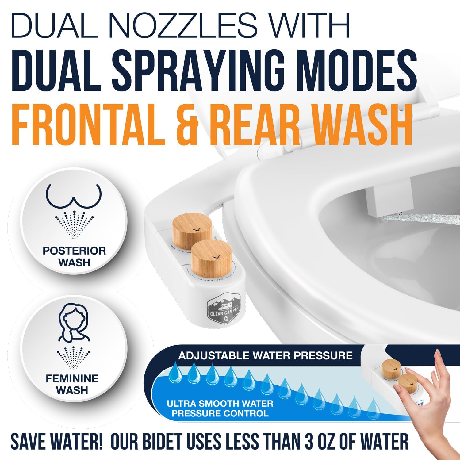 Clean Camper The Original Rv Bidet Self-Cleaning Dual Nozzles | Non-Electric, Reversible Design | Easy Installation, Rv Waterlin