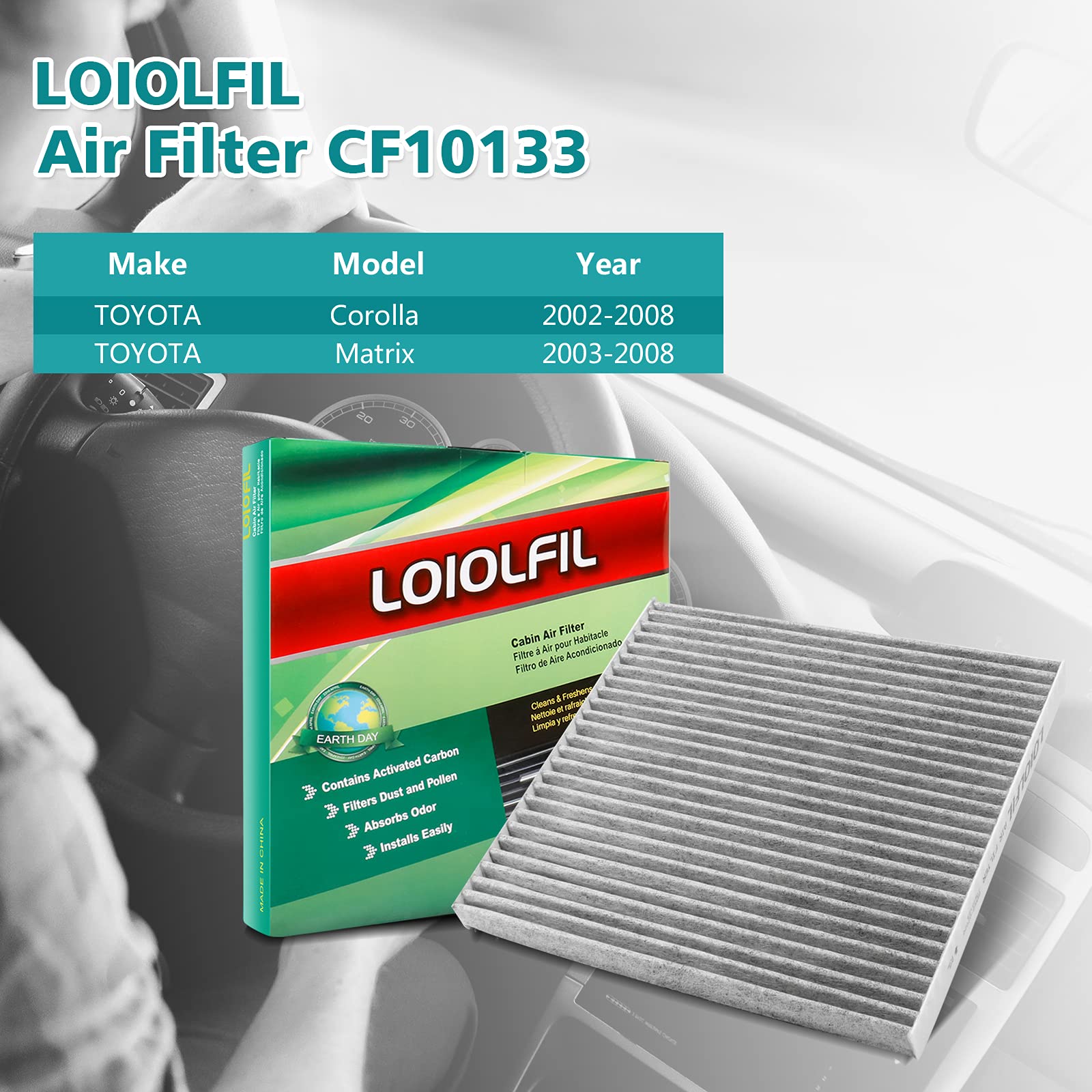 Loiolfil Cabin Air Filter Replacement For Cf10133 Cp133, Fits Toyota Corolla 2002-2008, Matrix 2003-2008, Premium Cabin Filter W