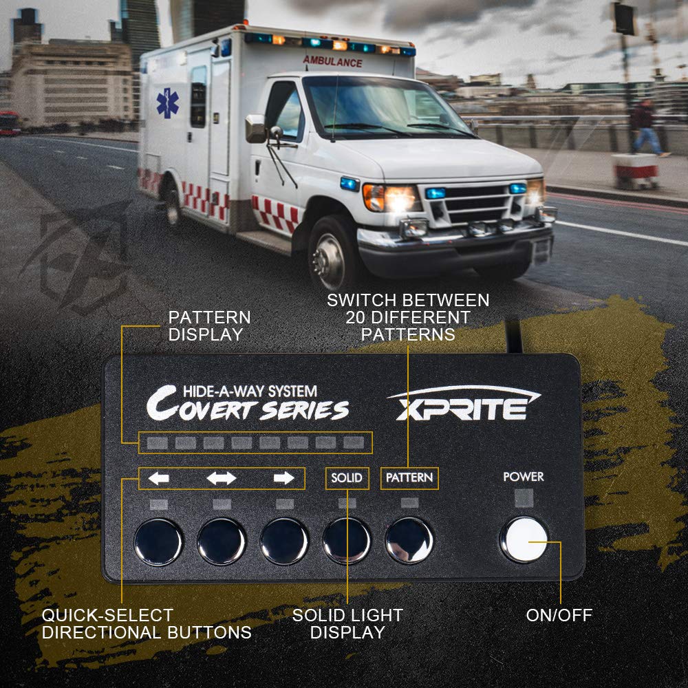 Xprite White Led Hideaway Emergency Strobe Lights Kit, 20 Flashing Modes W/Controller Headlights Taillights Fog Light Mounting,