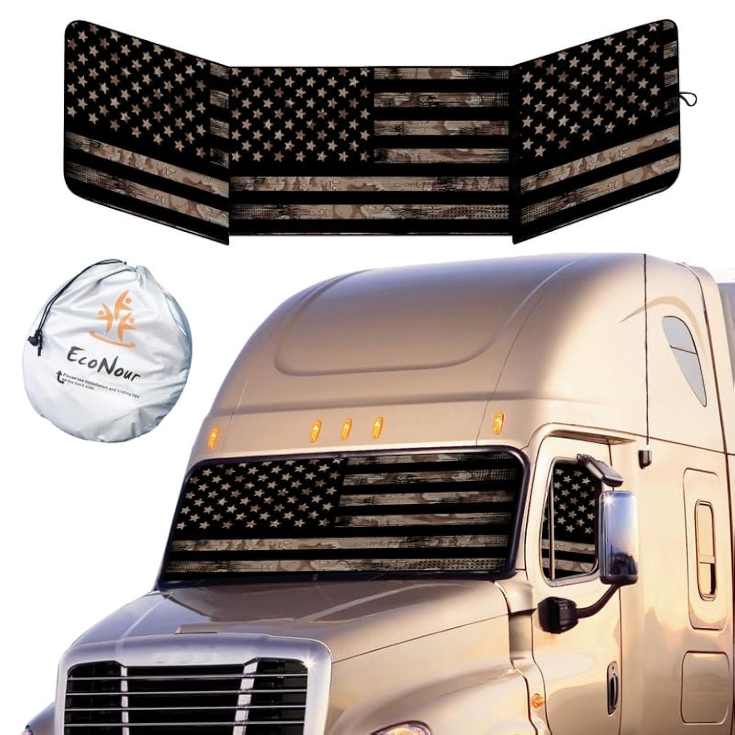 Econour Semi-Truck Printed Sun Shade For Windshield And Side Windows | Vintage Camo Flag 240T Sunshade To Block Uv/Sun Heat Rays
