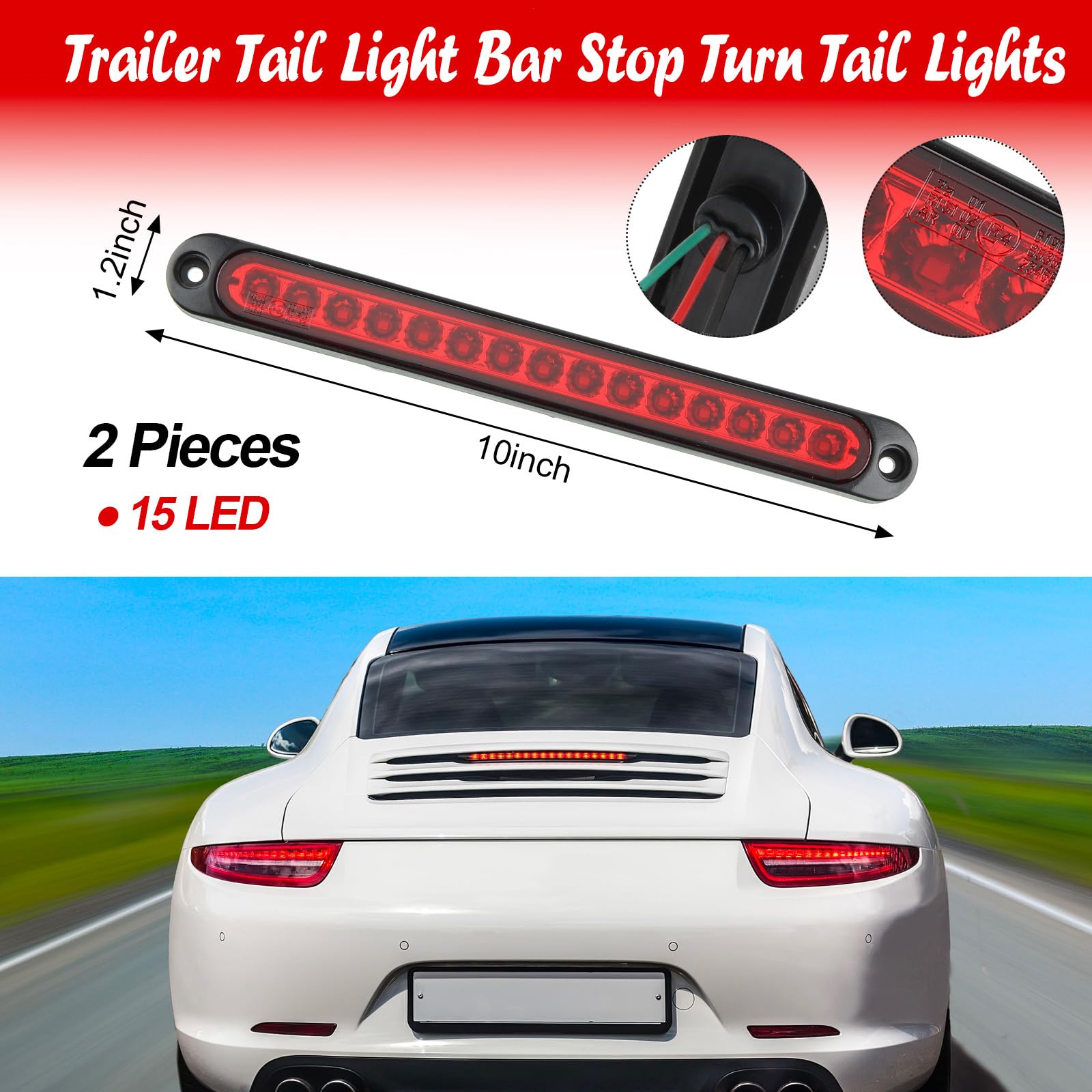 Frienda 2 Pieces 10 Inch 15 Led Trailer Tail Light Bar Stop Turn Assembly Third Brake Strip 9 To 30-Volt Identification Light Fo