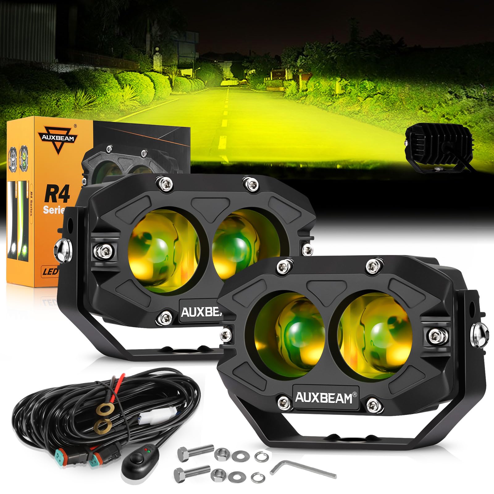 Auxbeam 4In 60W Amber Fog Lights, Amber Led Pods Super Bright Spot Beam Offroad Lights With Plug And Play Wiring Harness Kit For
