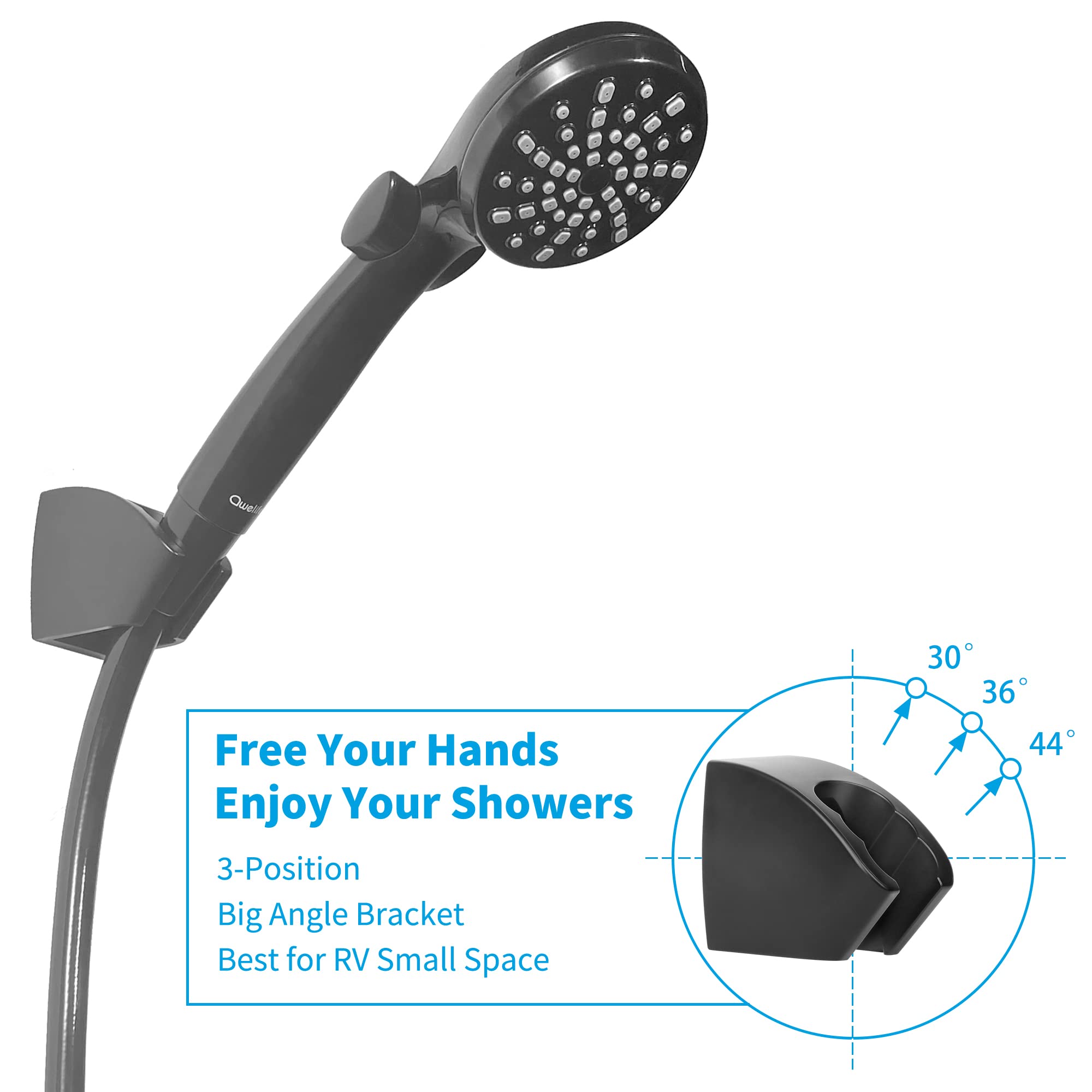 Rv Shower Head With Hose And On Off Switch (Trickle), Water Saving High Pressure Shower Head With Hose Guide Ring, Shower Holder For Rv, Camper, Van, Travel Trailer, Motorhome, Boat, Black