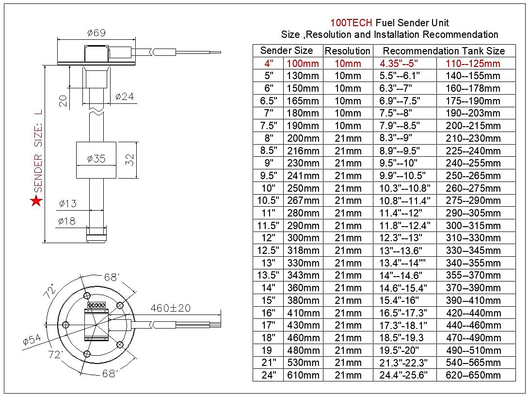 Fuel Sending Unit 240-33 ohms 4''(100mm) Marine for Boat RV Truck Fuel Tank Level Sensor Gas Gauge Sender