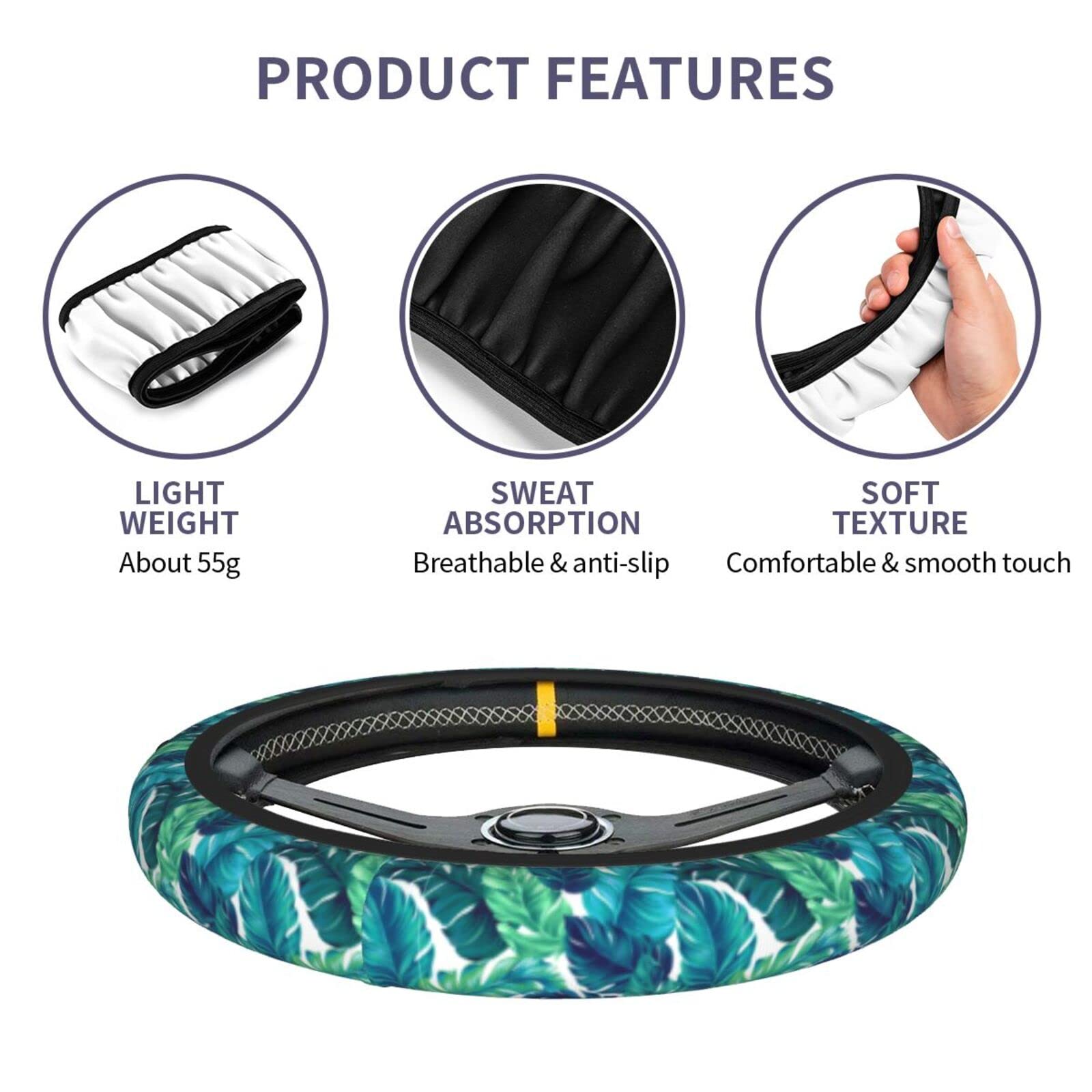 Tropical Palm Leaves Steering Wheel Covers Non Slip Neoprene Steering Wheel Protector Cover Universal 15 Inch For Men Women