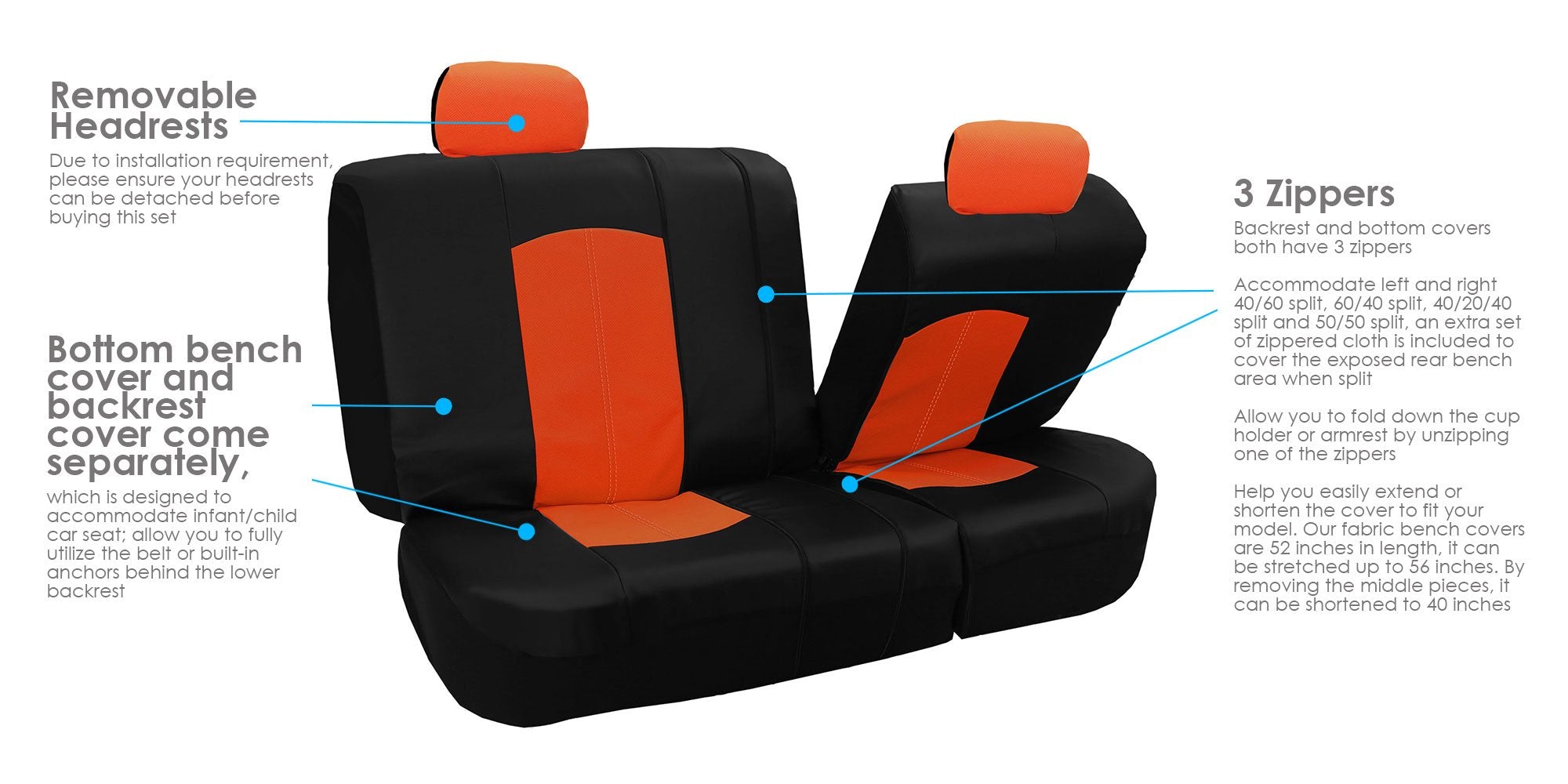 Fh Group Automotive Seat Cover Highest Grade Faux Leather Orange Black Full Set, Combo Car Seat Cover Design Airbag Compatible Split Bench Tan Car Seat Cover Interior Accessories Universal Fit Suv