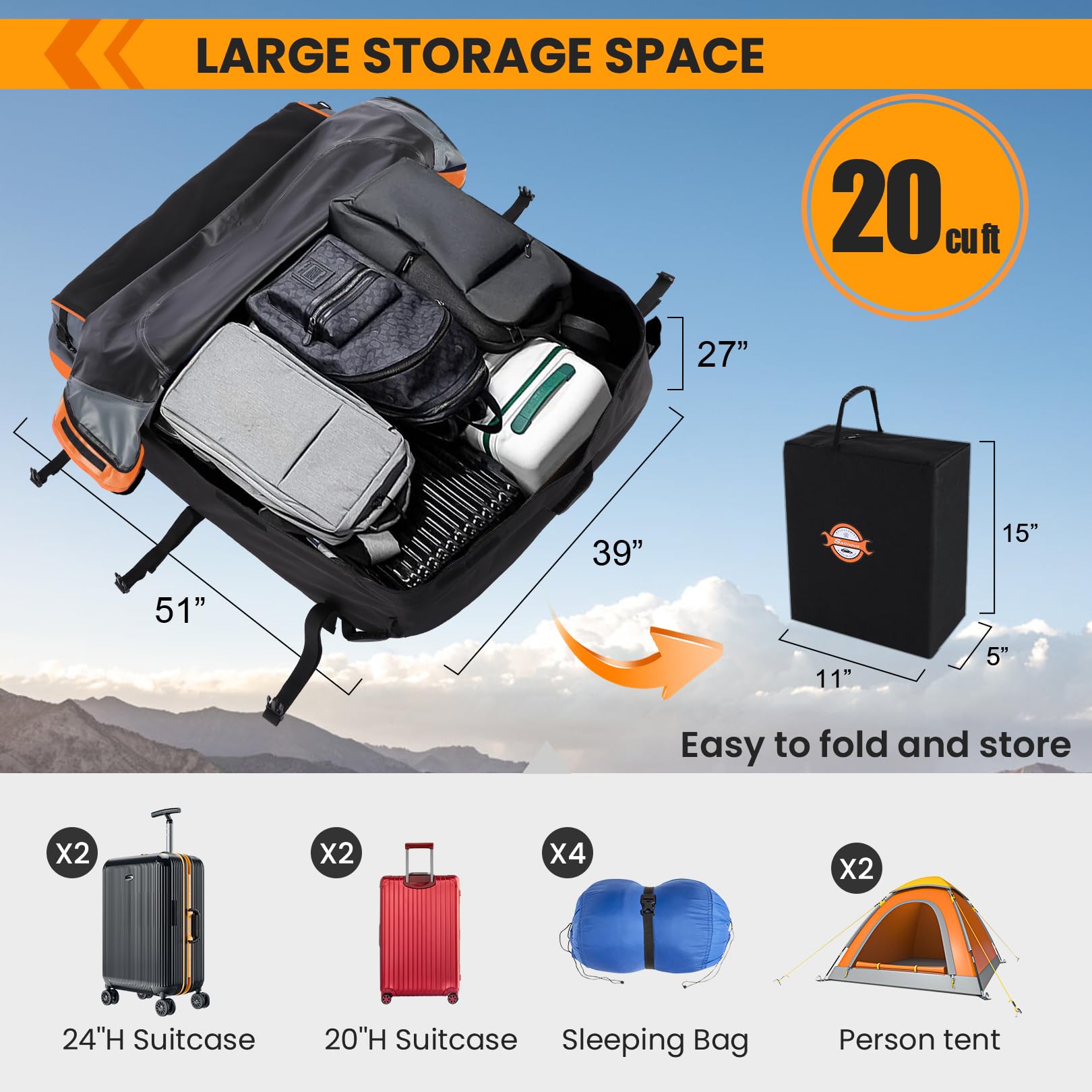 Sailnovo Rooftop Cargo Carrier Waterproof 20 Cubic Feet Car Roof Rack Cargo Carrier Roof Cargo Bag For All Cars With/Without Rac