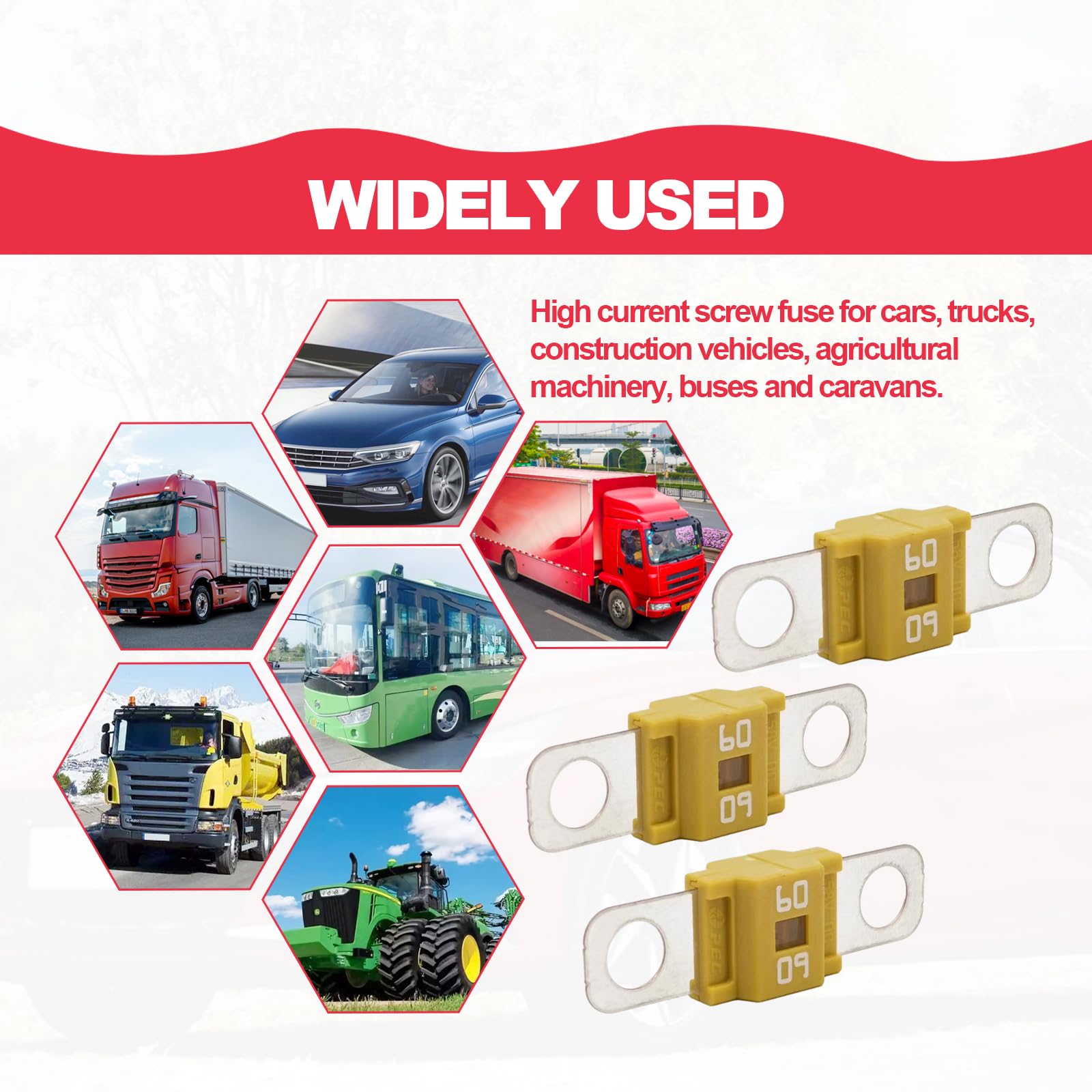 Pack of 3 AMI/Midi Fuse 60 Amp High Current Fuse Bolt-on Fuse, commonly Used in Cars, Trucks, Construction Vehicles, Agricultura