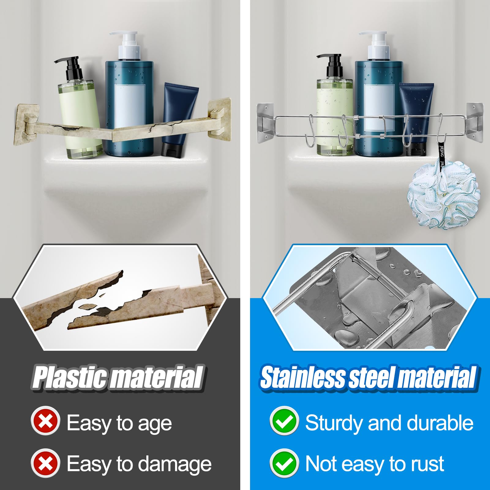 9~15in RV Shower Corner Storage Bar with 8 Hooks - Adjustable Camper Must Haves Stainless Steel Bathroom Shelves, Rust Proof Org