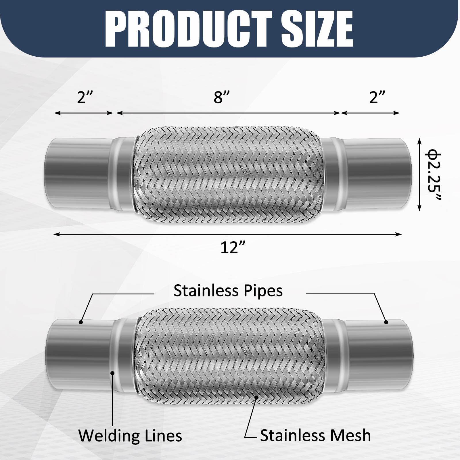 Yaocom 2pcs 2.25'' x 12'' Exhaust Pipe Stainless Steel Double Braid Long Exhaust Pipe for Heavy Duty and Cars