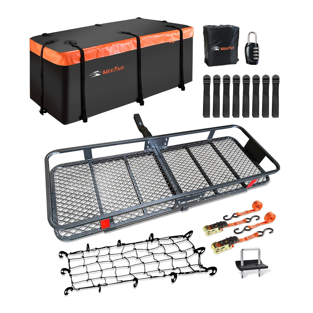 Meefar Folding Hitch Mount Cargo Carrier Basket 60'' X 20'' X 6''+Waterproof Cargo Bag 16 Cubic Feet(58'' 19'' 24''),Hauling Wei