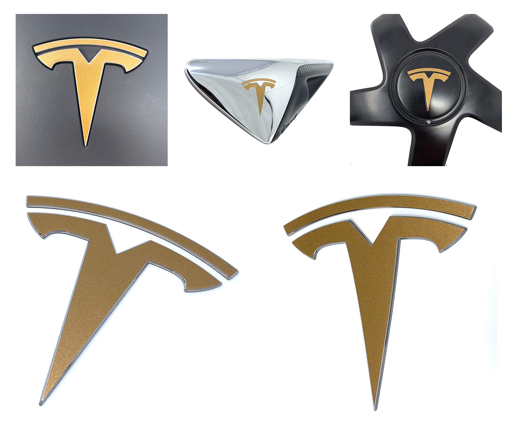 Logo Decal Overlay Stickers For Tesla Model 3 (2017 To 2023), Standard Wrap, 11-Pc Set (Gloss Gold)