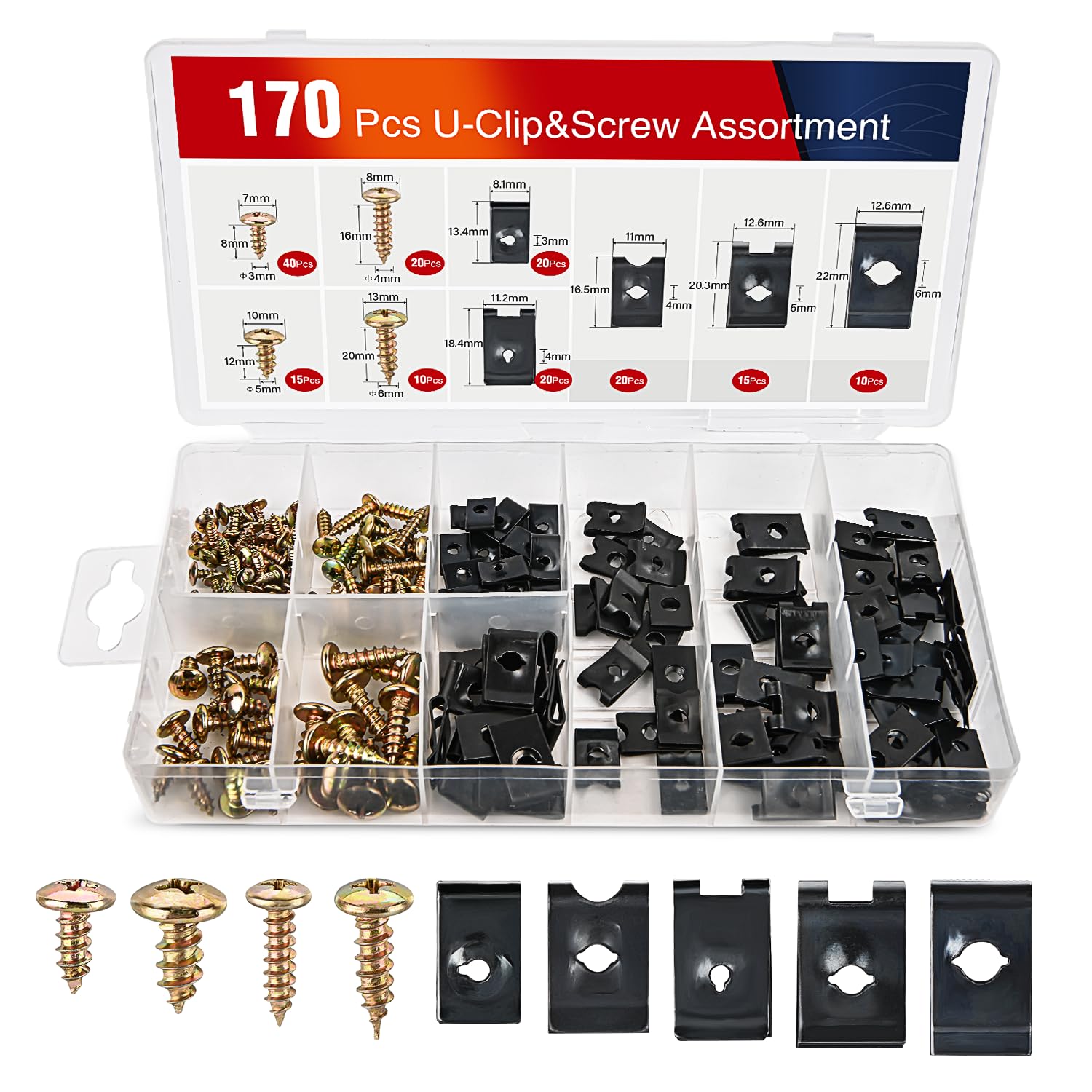 Nilight 170Pcs Car U-Clip And Screw Assortment Kit 9 Different Sizes Automotive U Nut And Screw Clip Replacement Parts For Dash