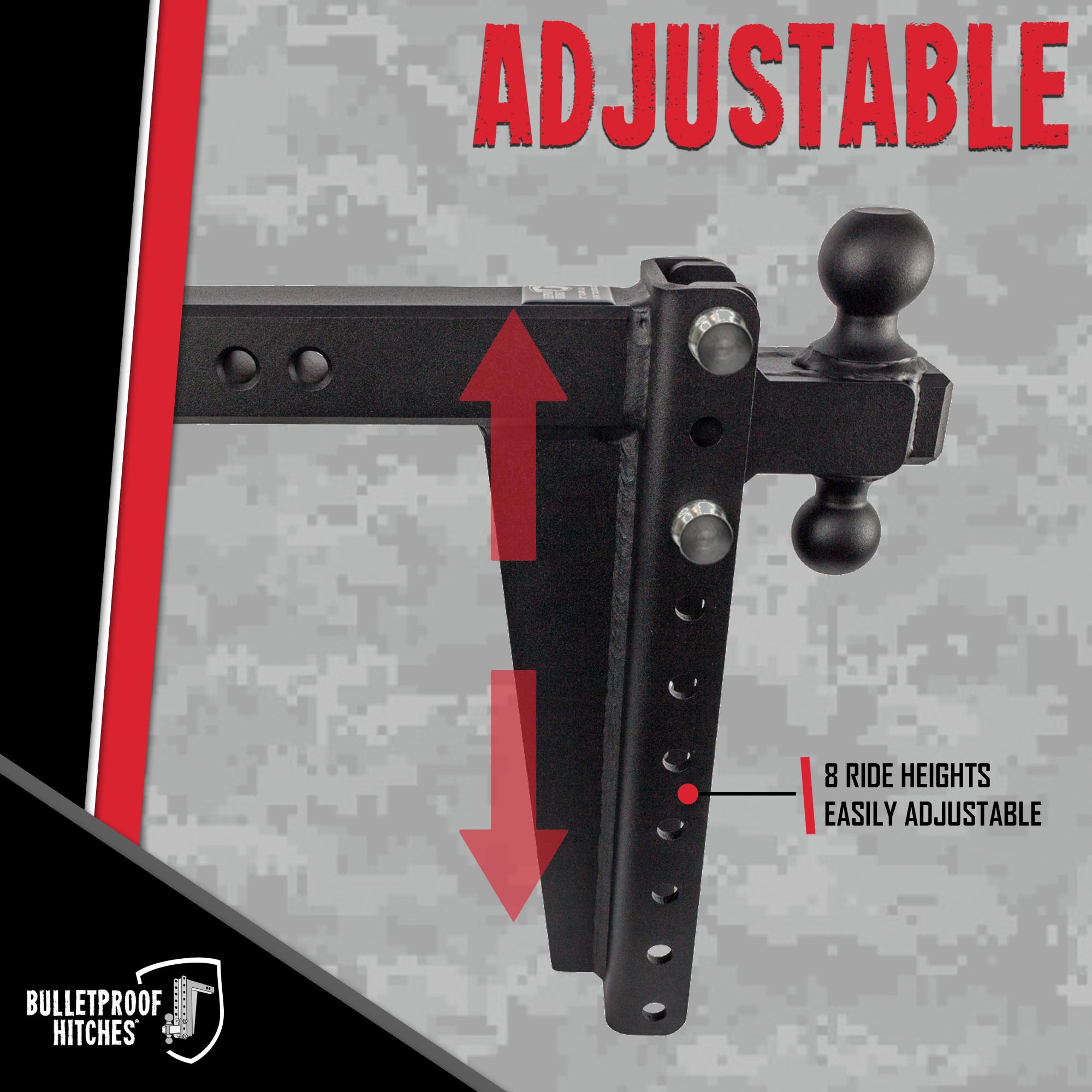 Bulletproof Hitches - 2.5'' Adjustable Heavy Duty Trailer Hitch (22,000 Lb. Rating) - 14'' Drop/Rise Trailer Hitch With 2'' & 2-