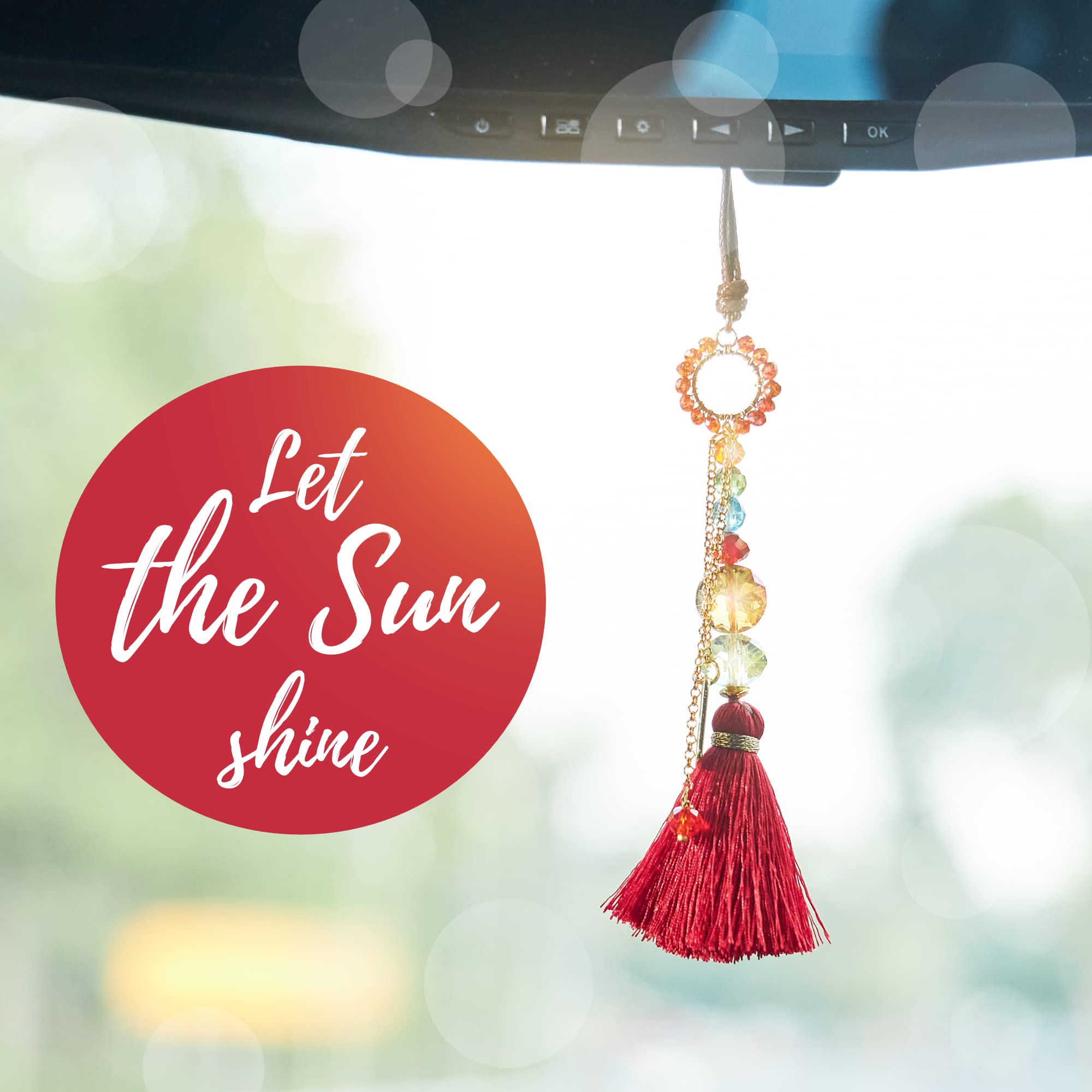 Akitai Rear View Mirror Tassel - Sun Catcher Rearview Mirror Charm And Red Tassel For Cars, Transforms Sunlight And Diffuses Colors And Joyous Energy Throughout The Car With Various Stones