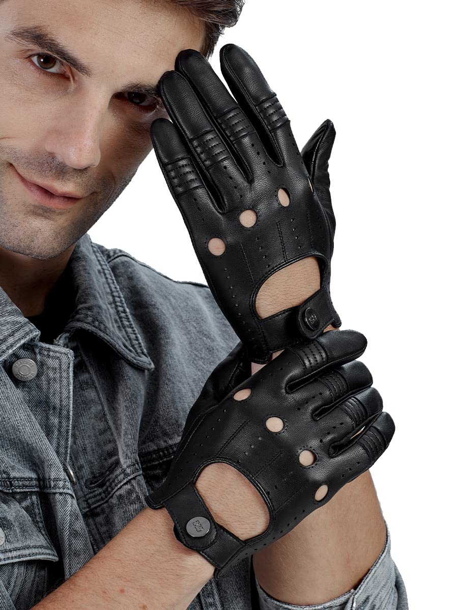 Gsg Men Genuine Leather Gloves Black Unlined Biking Touchscreen Driving Gloves Medium,Black Palm Hole