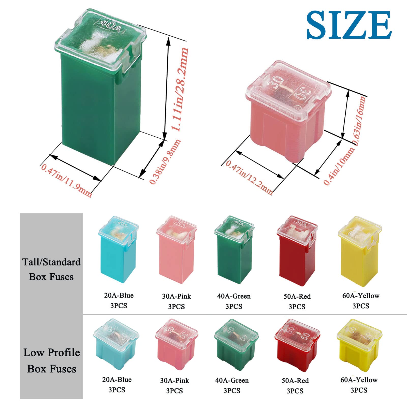 Taiss Automotive Tall/Standard and Low Profile Box Shaped Fuses Assortment Kit, Car Fuses Assortment Kit 30PCS; Suitable for Che