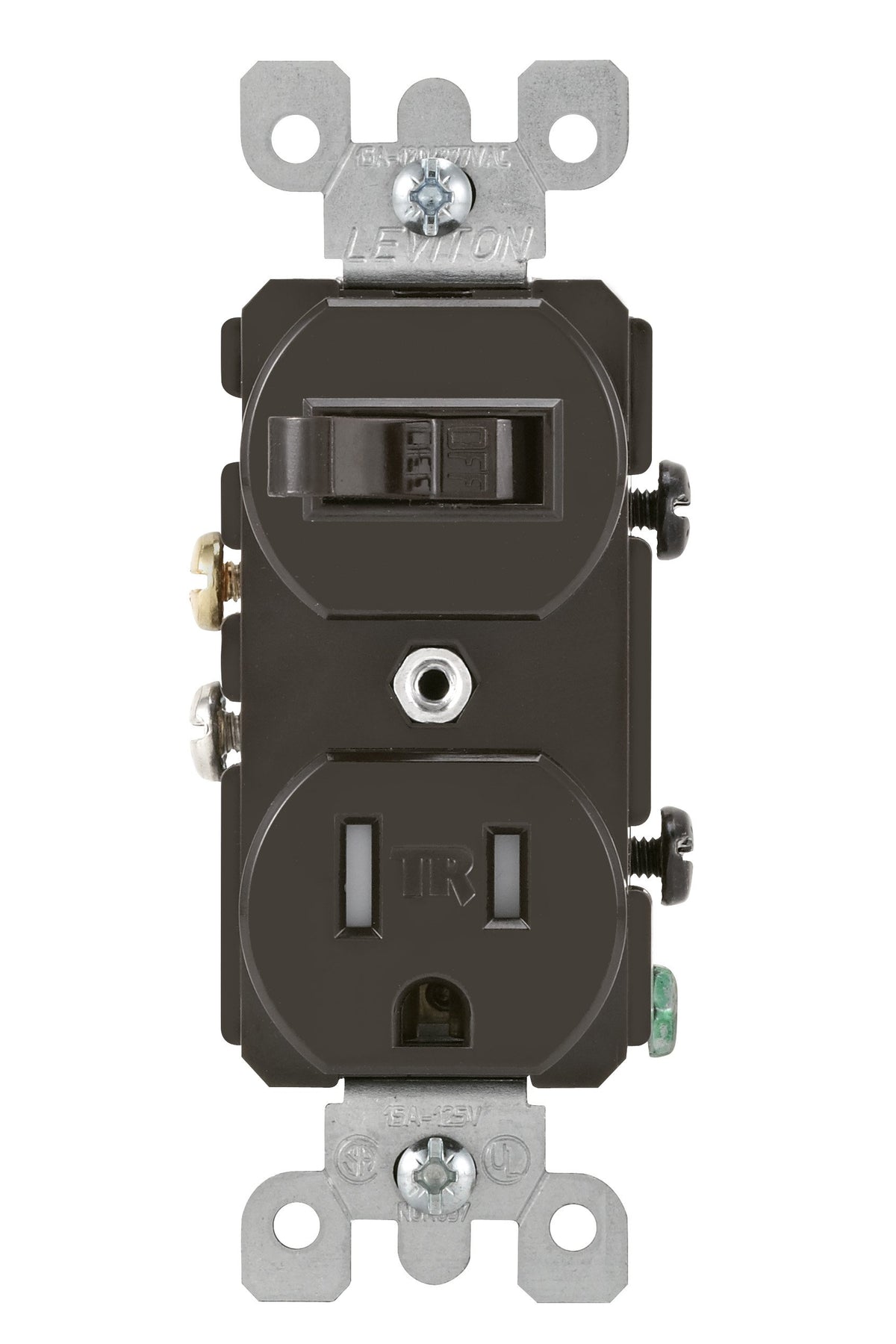Leviton T5225 Combination, 15 Amp, 120 Volt AC Toggle Switch, and 15amp, 125 Volt 5-15R Tamper Resistant Receptacle, Grounding, Brown