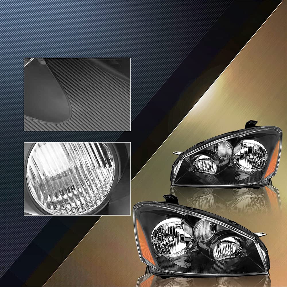 Tusdar Headlight Assembly Set For 2005/2006 Nissan Altima 4-Door Sedan Halogen Headlamp Driver And Passenger Side (Black Housing With Amber Reflector)