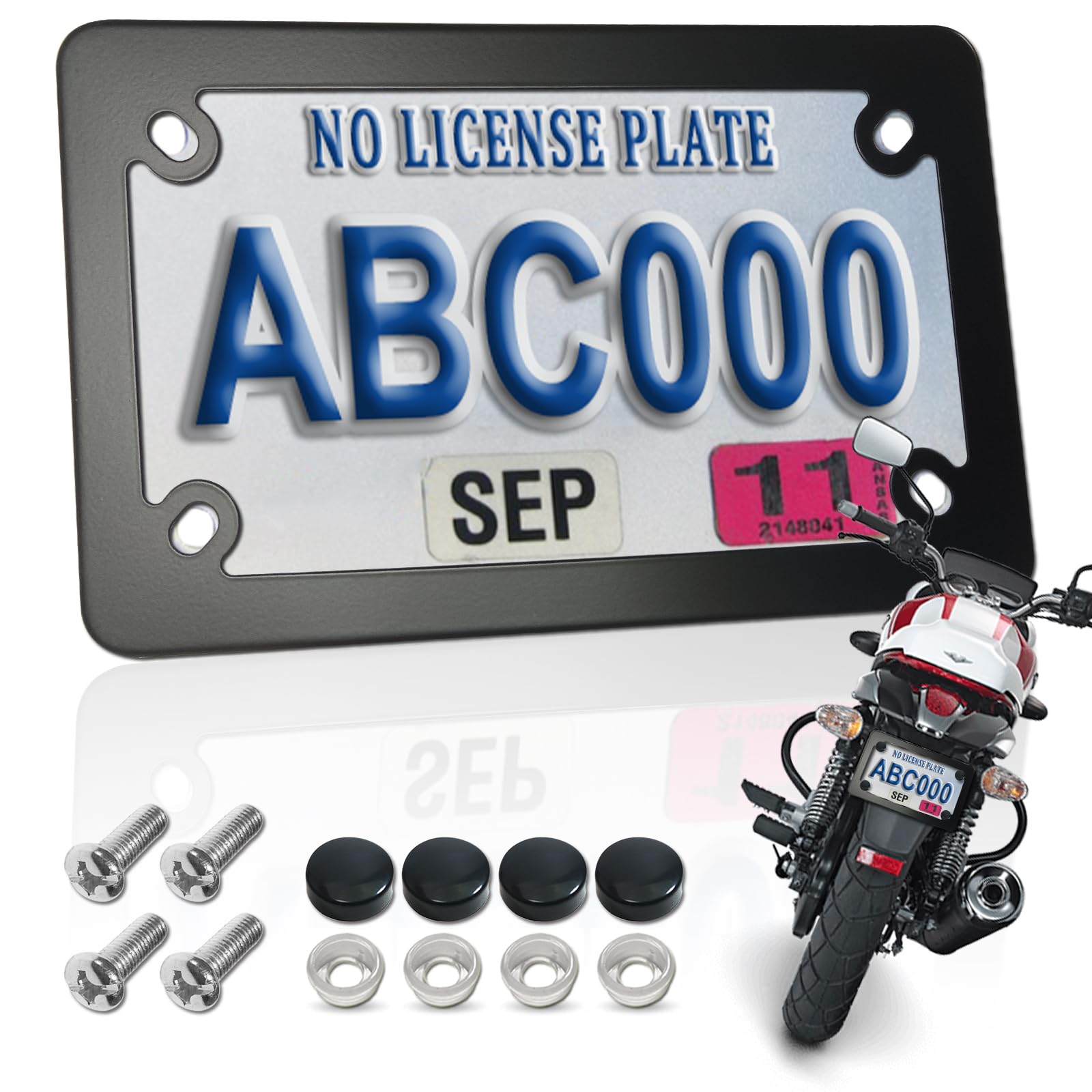 Fbjtdq Motorcycle License Plate Frame- Black Matte Stainless Steel Bike Tag Plate Holder, 4 Holes Heavy-Duty Metal Bracket 1 Pack, With Mounting Hardware Screws Nuts Caps