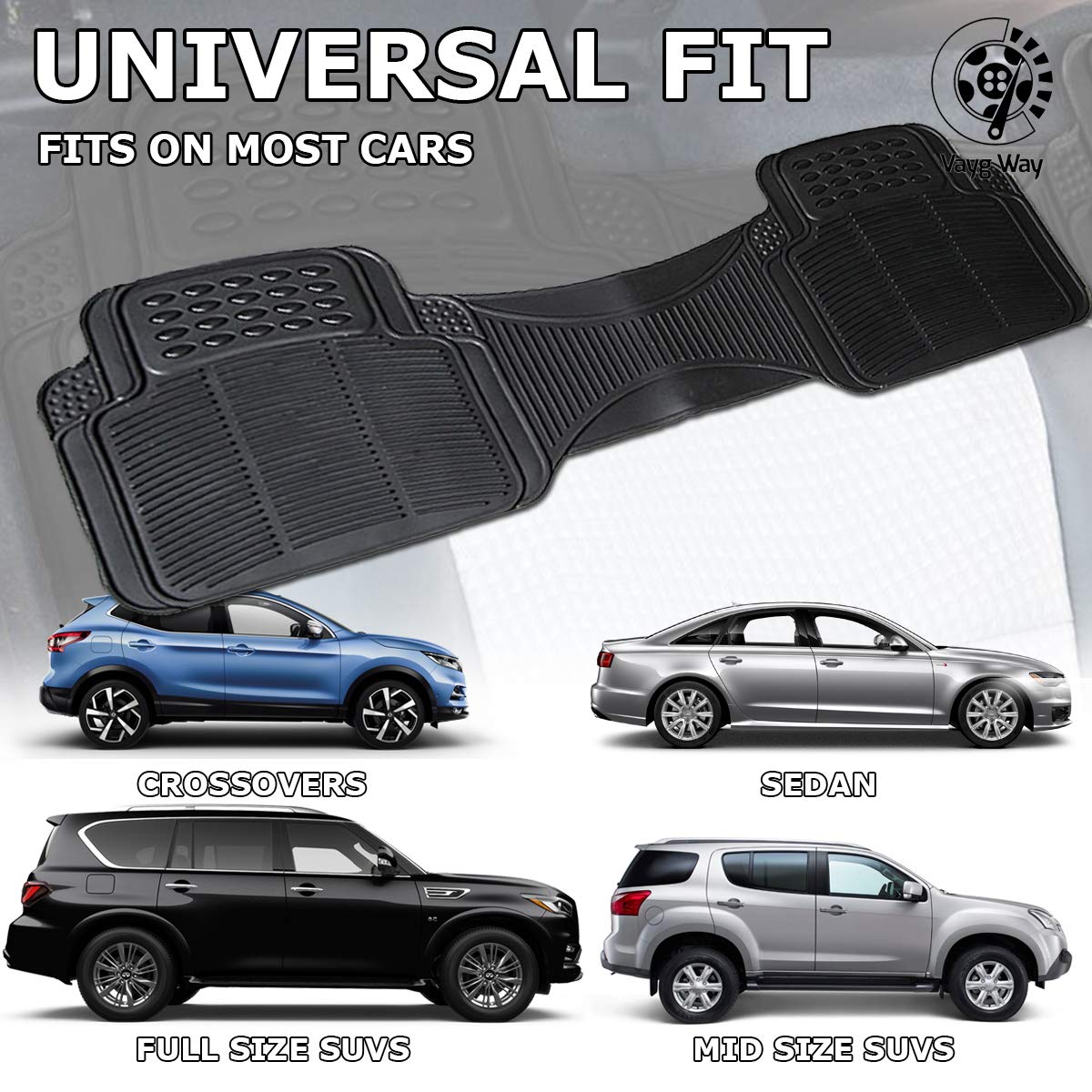 Vaygway Car Floor Mat Runner - Rubber Rear Floor Mat Liner - Black Back Seat Liner - Auto Trimmable Universal Fit Rug For Vehicl