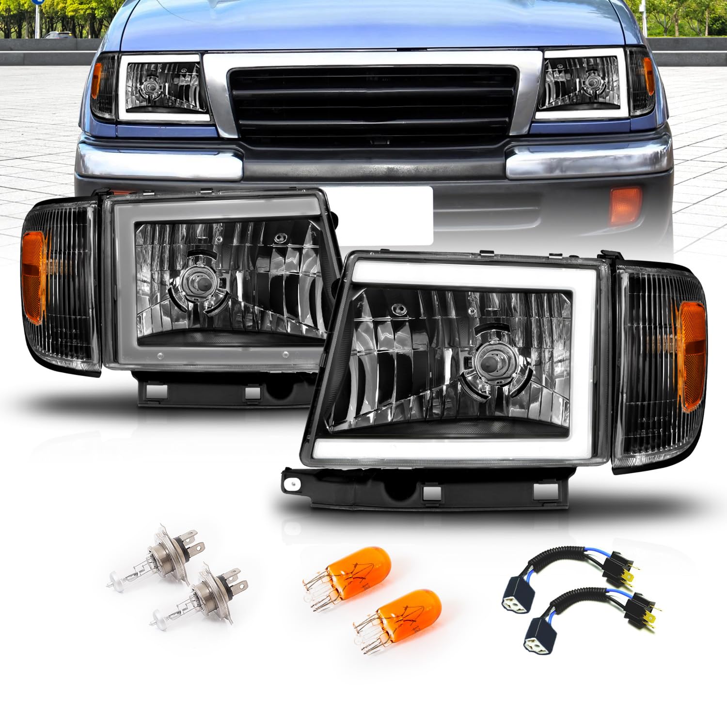 Amerilite For 1997-2000 Toyota Tacoma 2Wd Pickup Led Tube Black Reaplcement Headlights + Corner Light Set - Passenger And Driver Side
