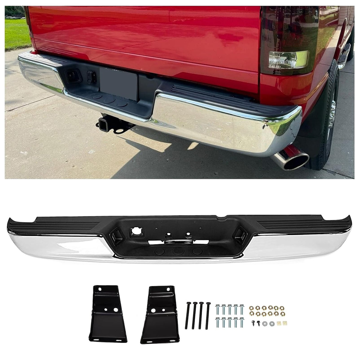 Ecotric Rear Step Bumper Assembly Compatible With 2002-2009 Dodge Ram 1500 2500 3500 W/License Plate Light Replace For Ch1103111 Ch1103108 55077107Ad 55077107Af Fleetside Styleside Chrome
