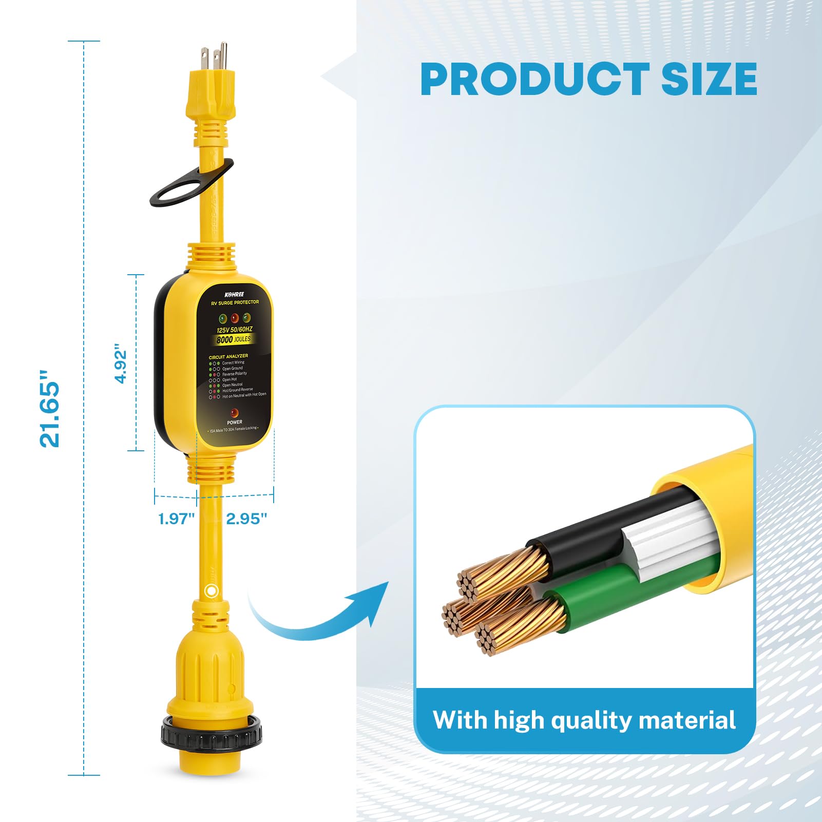 Kohree 30 Amp To 110V Rv Adapter With Surge Protection, 8000 Joules 15 Amp To 30 Amp Rv Power Adapter 21'' With Twist Lock, Circ