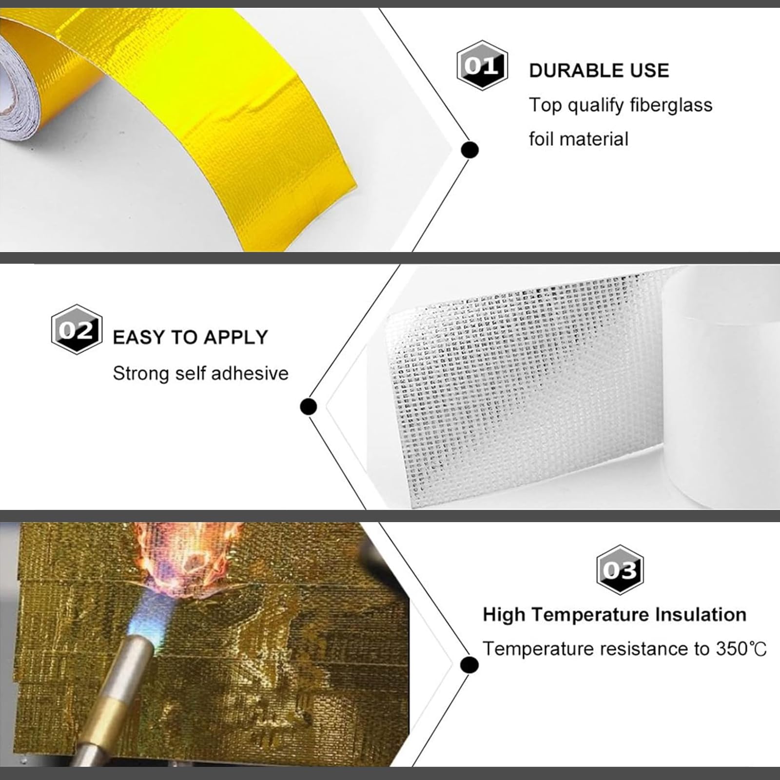 Sporacingrts 2'' X 65.6'(20M) Gold Adhesive Backed Heat Barrier Tape,Glassfiber Heat Shield Reflective Tape Wrap Roll,Compatible