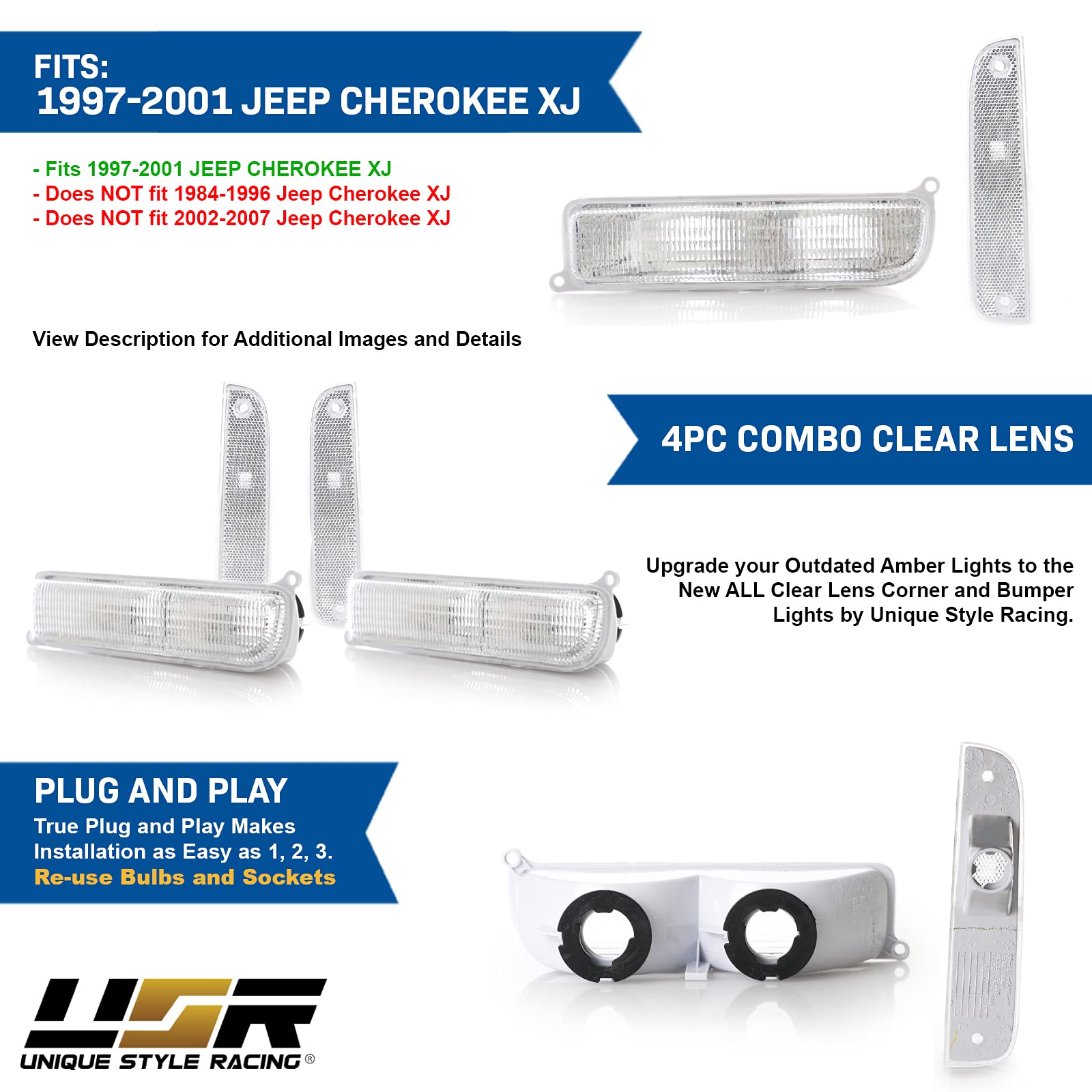 USR DEPO 97-01 XJ Signal Lights - COMBO Clear Bumper Turn Signal + Corner Side Marker Lamps Set (Left + Right) Compatible with 1