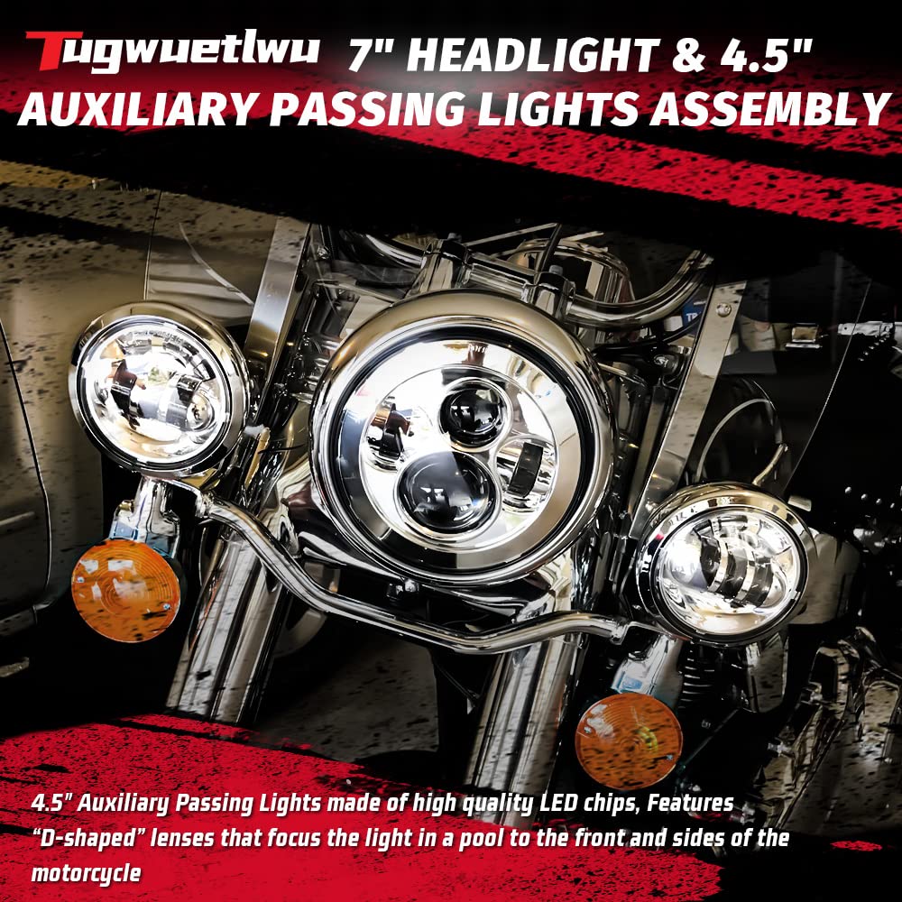 Tugwuetlwu 7'' Led Headlight 4.5'' Auxiliary Fog Lights Kit For Motorcycle Compatible With Harley Davidson Road King Electra Gli