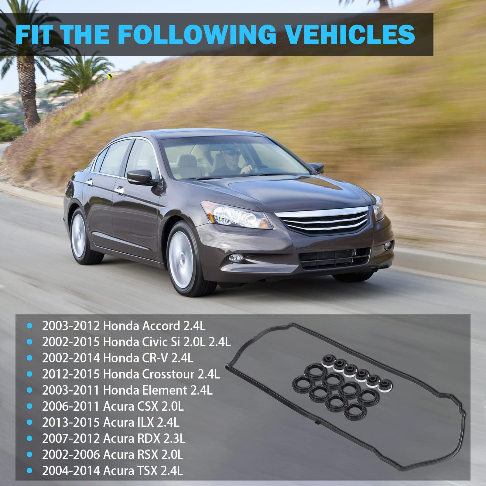Valve Cover Gasket Set - Compatible With 2.0L 2.3L 2.4L 2002-2015 Honda Accord, Civic, Cr-V, Element, Crosstour, Acura Csx, Ilx, Rdx, Rsx, Tsx - Replace Vs50614R, 12341-R40-A00