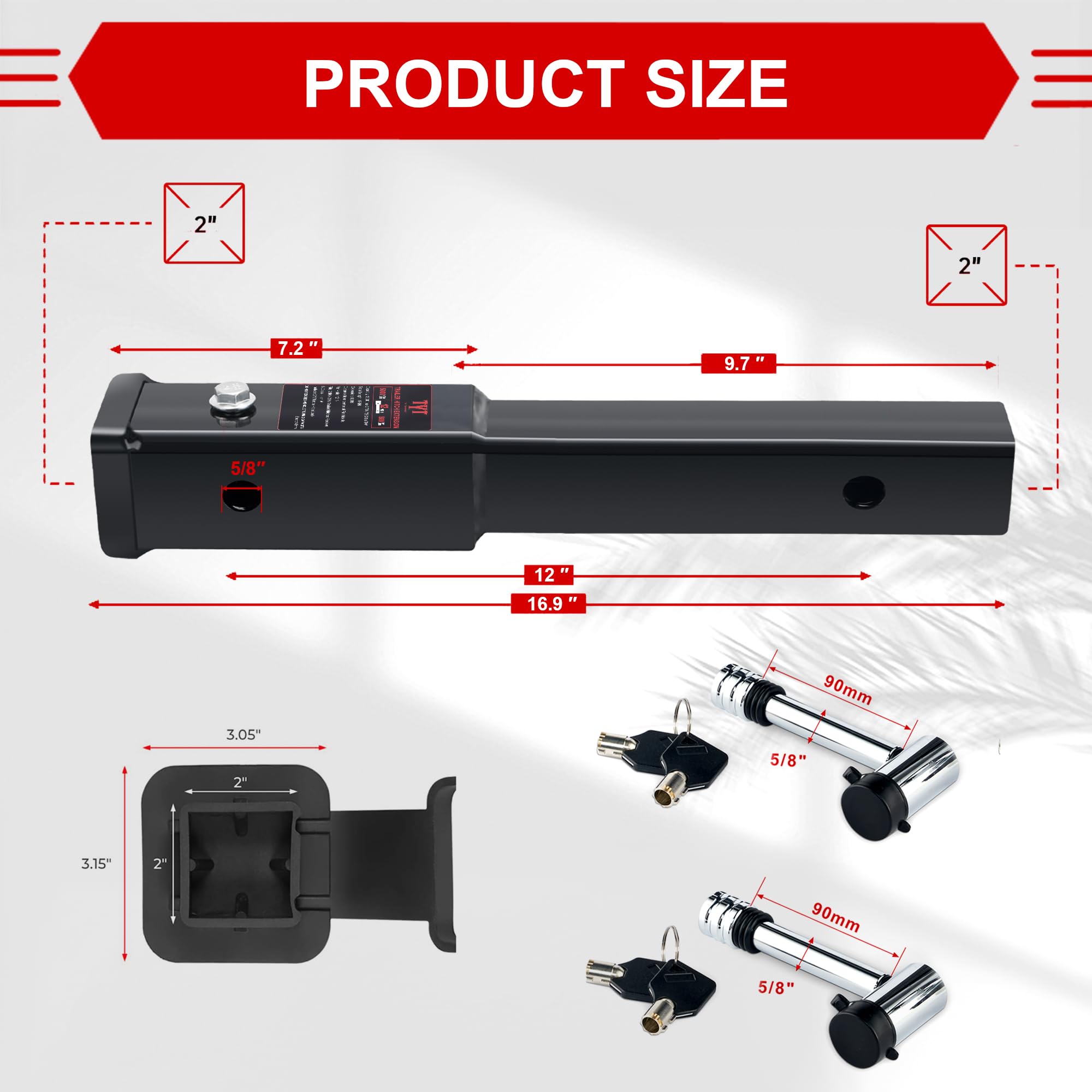 Tyt 12 '' Trailer Hitch Extension For 2 '' Receiver Tube Extender, Tube Extension Receiver With 2 Sets Of 5/8 '' Premium Hitch P