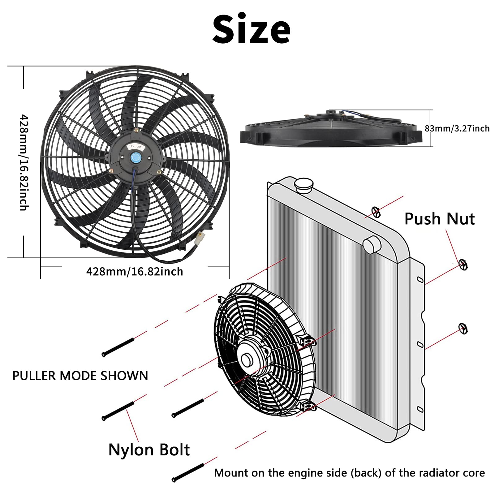 Fgjqefg 16 Inch Black Universal Slim Fan Push Pull Electric Radiator 12V 120W High Performance Cooling Fan With Thermostat Wirin