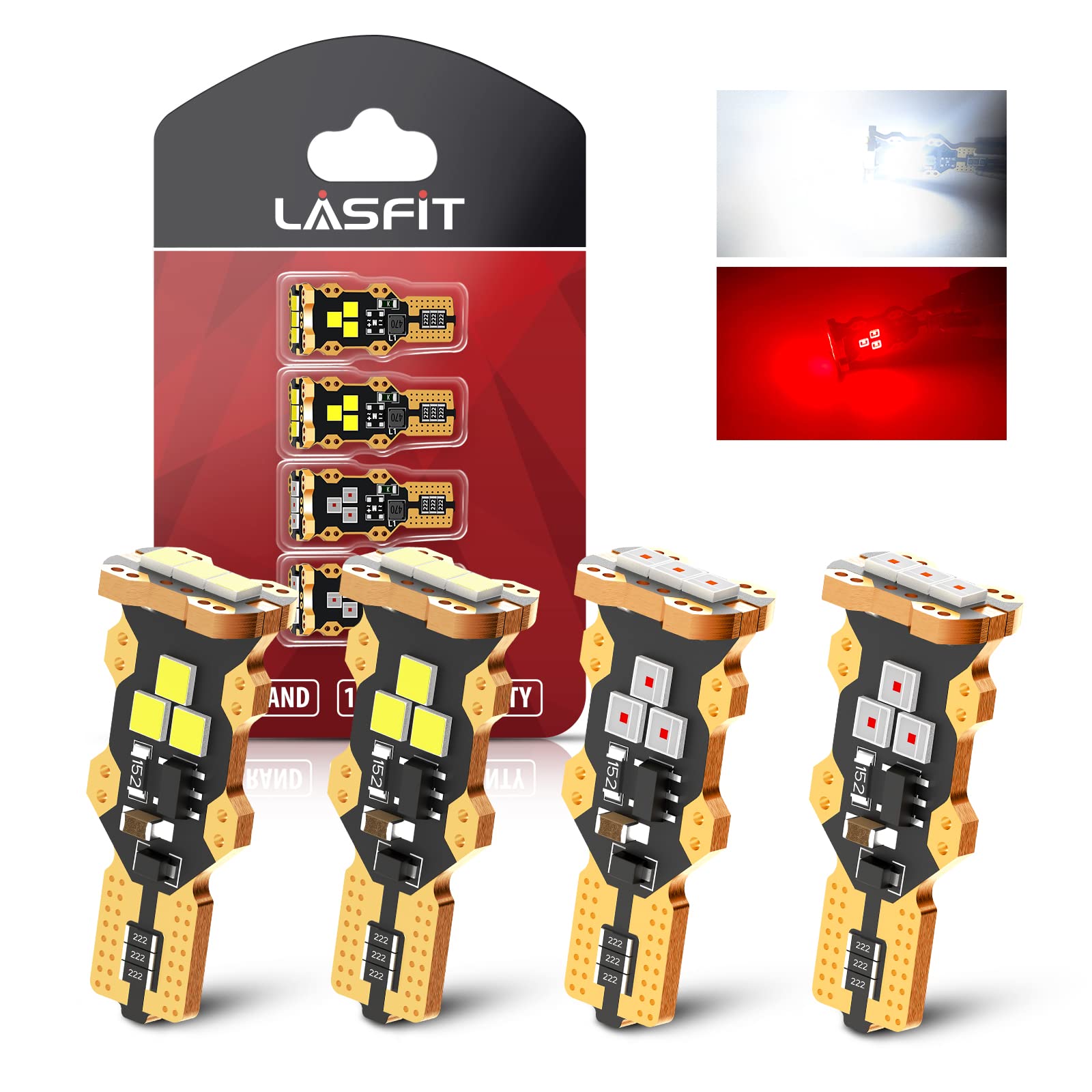 Lasfit 912 921 Led Bulb Reverse Light Backup Light White And Third Brake Bulbs Light Red Combo, T15 W16W Canbus Error Free Light