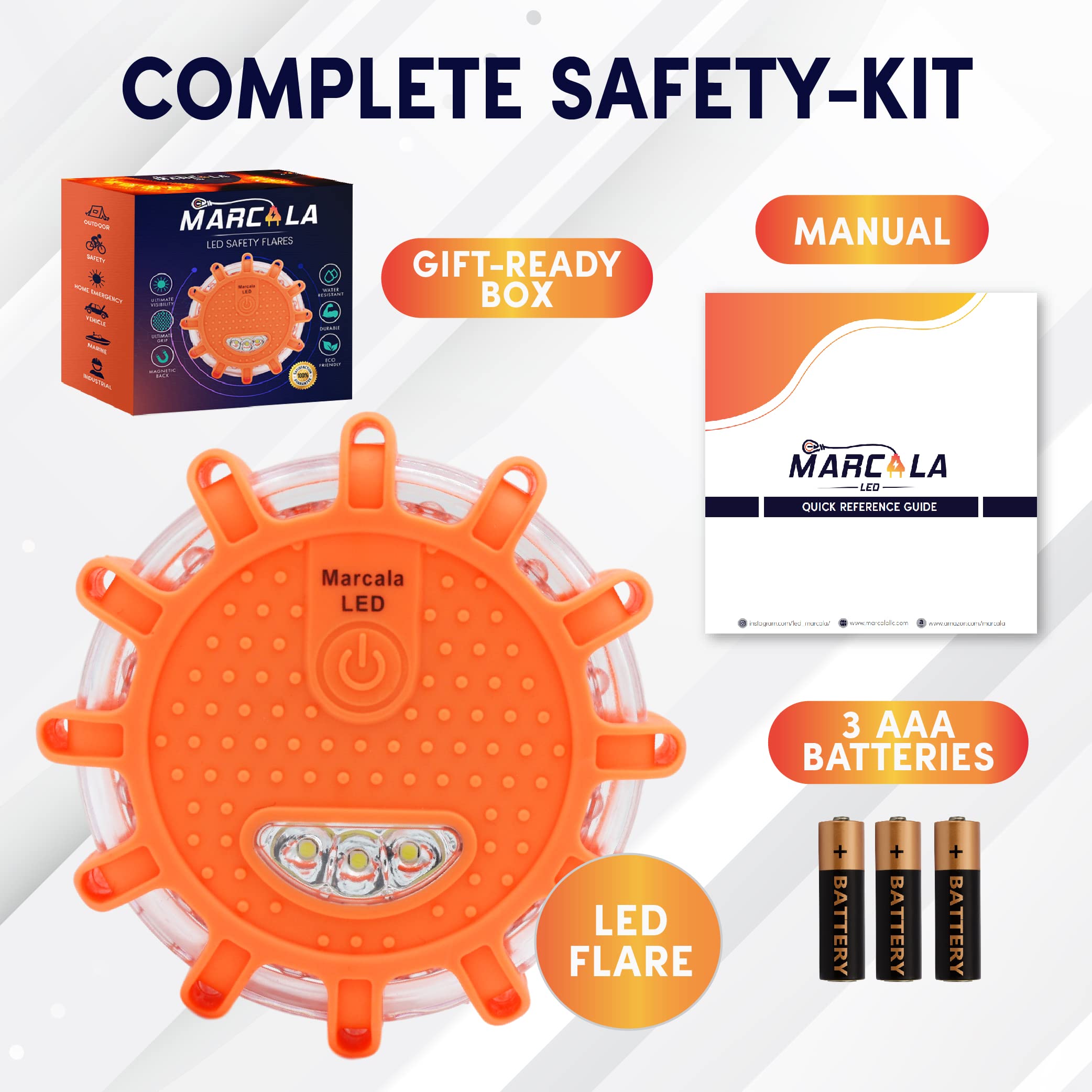 Marcala 4-Pack Rechargeable Led Emergency Road Flares | Large 1200Mah Battery For Longer Run Time | Red Diode Road Emergency Light For High Visibility | Rechargeable Led Flares W/Included Usb-C Cable