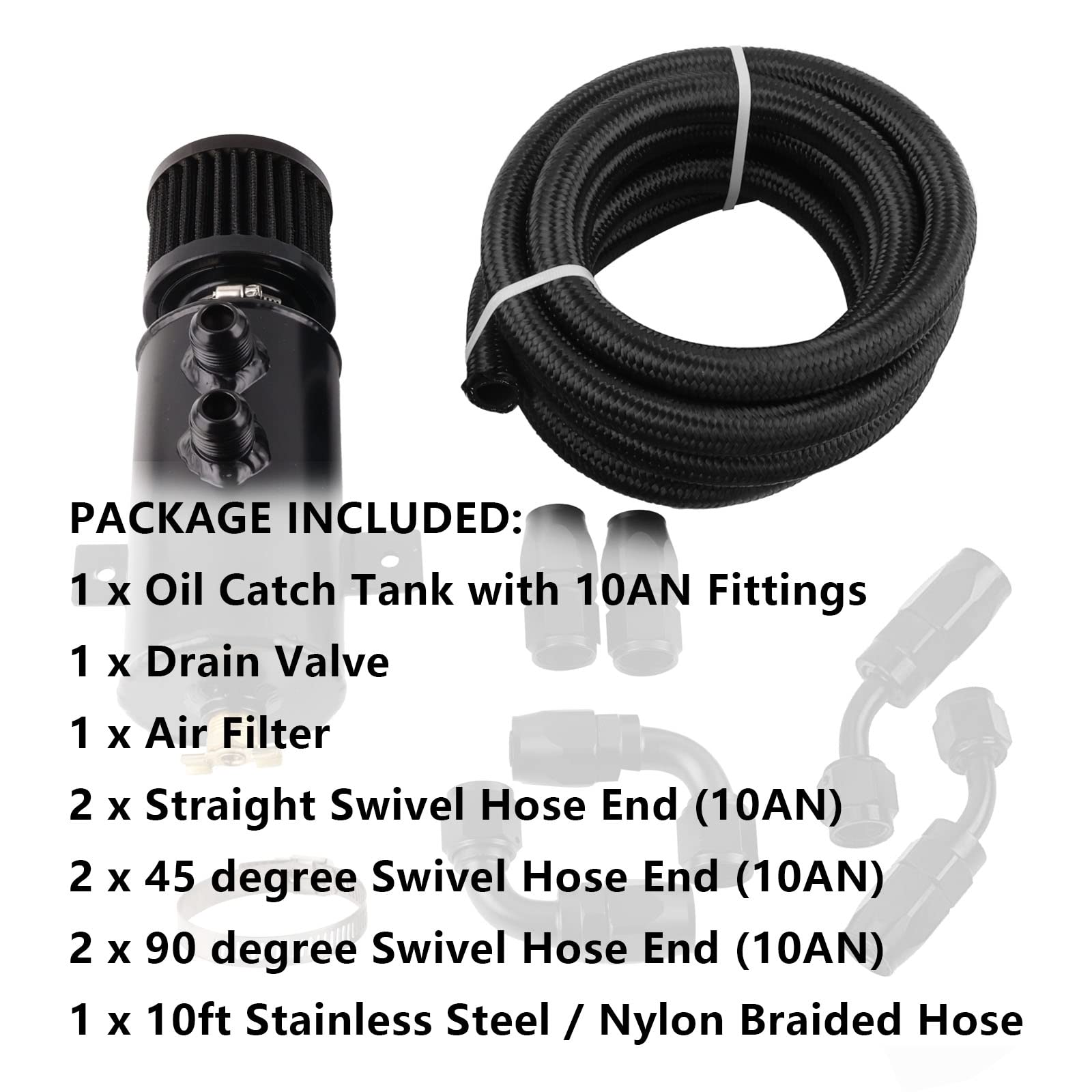 Bagaraatan 10An Baffled Oil Catch Can Breather Can With Drain Valve 750Ml Bundle And 10Ft 10An 5/8'' Fuel Line Fitting Kit Nylon