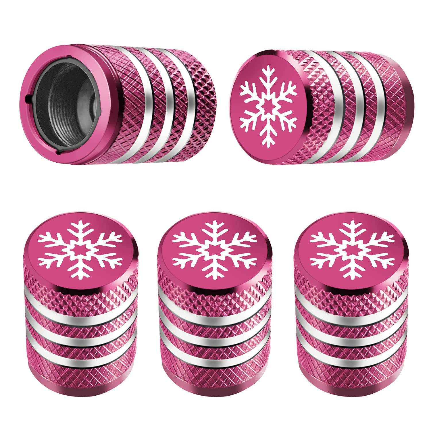 Tire Valve Stem Cap Cover - (5 Pack) Tire Air Caps Metal With Plastic Liner Corrosion Resistant Leak-Proof Snow Snowflake For Car Motorcycle Bike Pink