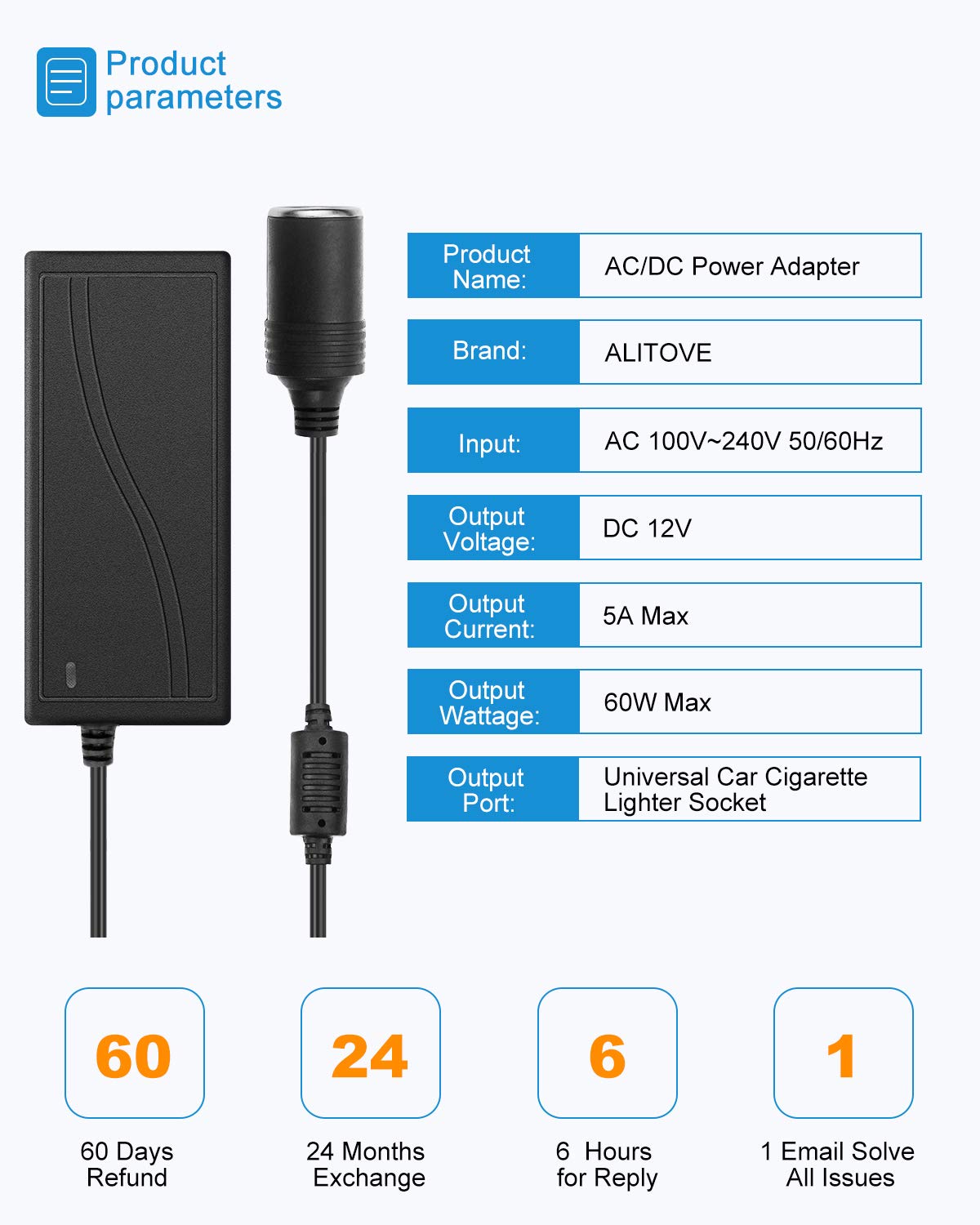 Alitove 110V To 12V Converter - 12V 5A 13.5Ft Car Cigarette Lighter Adapter To Wall Plug Ac To Dc Converter 12 Volt Power Supply