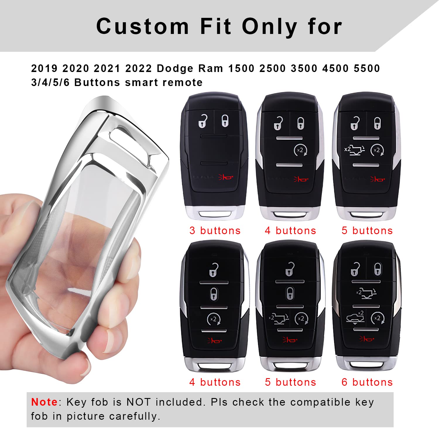 Qbuc For Ram Key Fob Cover With Keychain Clip Soft Tpu Key Case Compatible With 2019 2020 2021 2022 Dodge Ram 1500 2500 3500 4500 5500 Smart Remote Accessories (Silver)