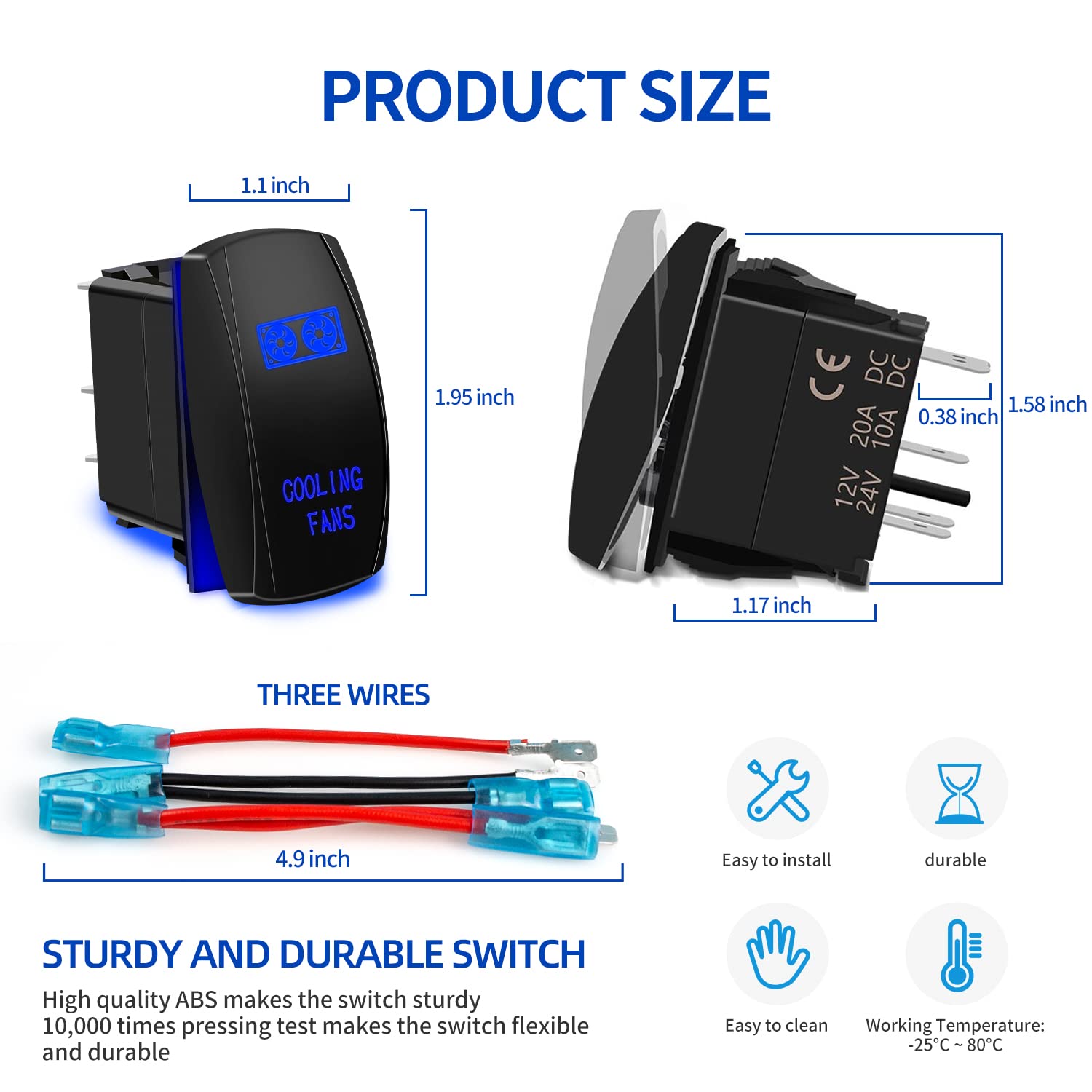 Cooling Fans Rocker Switch 5Pin Laser On/Off Blue Led Light 20A/12V 10A/24V Toggle Switch With Jumper Wires Set For Automotive B