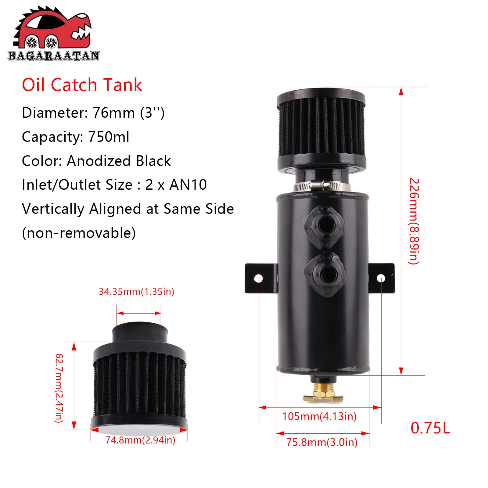 Bagaraatan 10An Baffled Oil Catch Can Breather Can With Drain Valve 750Ml Bundle And 10Ft 10An 5/8'' Fuel Line Fitting Kit Nylon