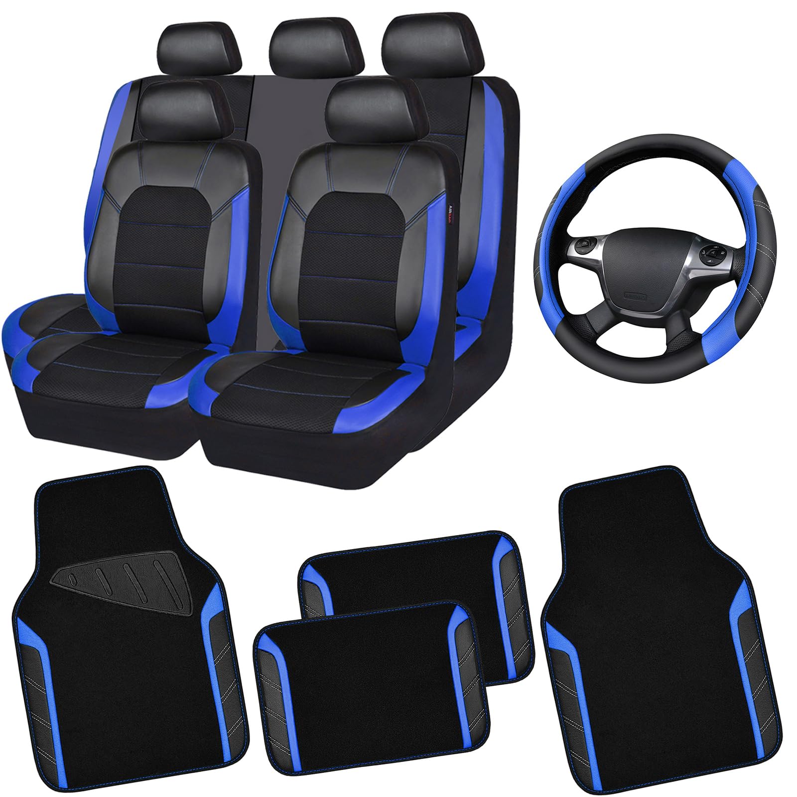 Car Pass Air Mesh Leather Car Seat Covers Full Set,Waterproof Car Floor Mats, Sporty Steering Wheel Cover 14.5-15Inch,Car Interi
