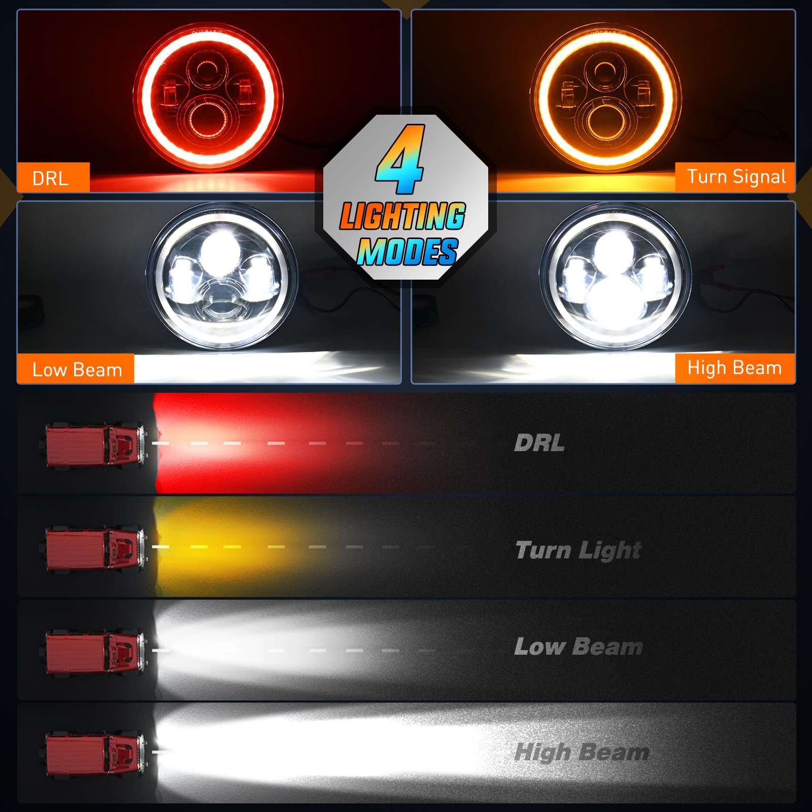 Nilight 7 Inch Round Led Halo Headlights W/Turn Signal Amber Light Red Drl High Low Beam 7    Headlight Compatible With 2007 200