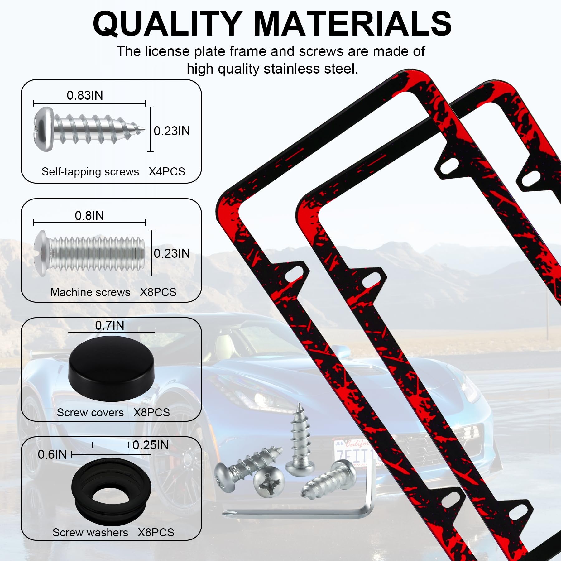 Livtee Black License Plate Frames, 4 Holes Stainless Steel License Plate Covers, 2Pcs Car License Plate Holder, Automotive Exter