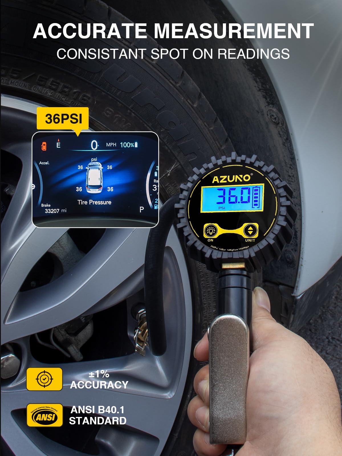 AZUNO Digital Tire Inflator with Pressure Gauge, 200 PSI, Aluminum, Model TG200PVB02, Heavy Duty with LED Flashlight and 7pcs Accessories