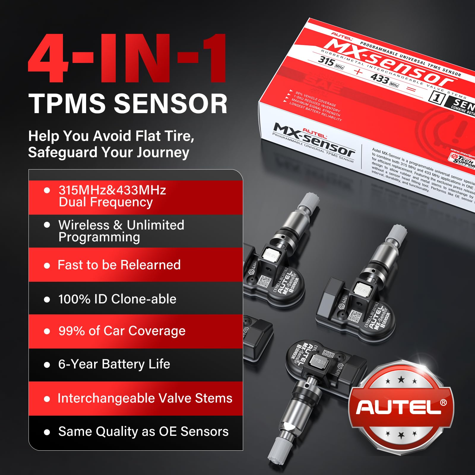Autel Tpms Sensor Set Of 4, Mx-Sensor 2In 1 Dual Frequency 315Mhz + 433Mhz Press-In Oe-Level Universal Tpms Sensors Programmable