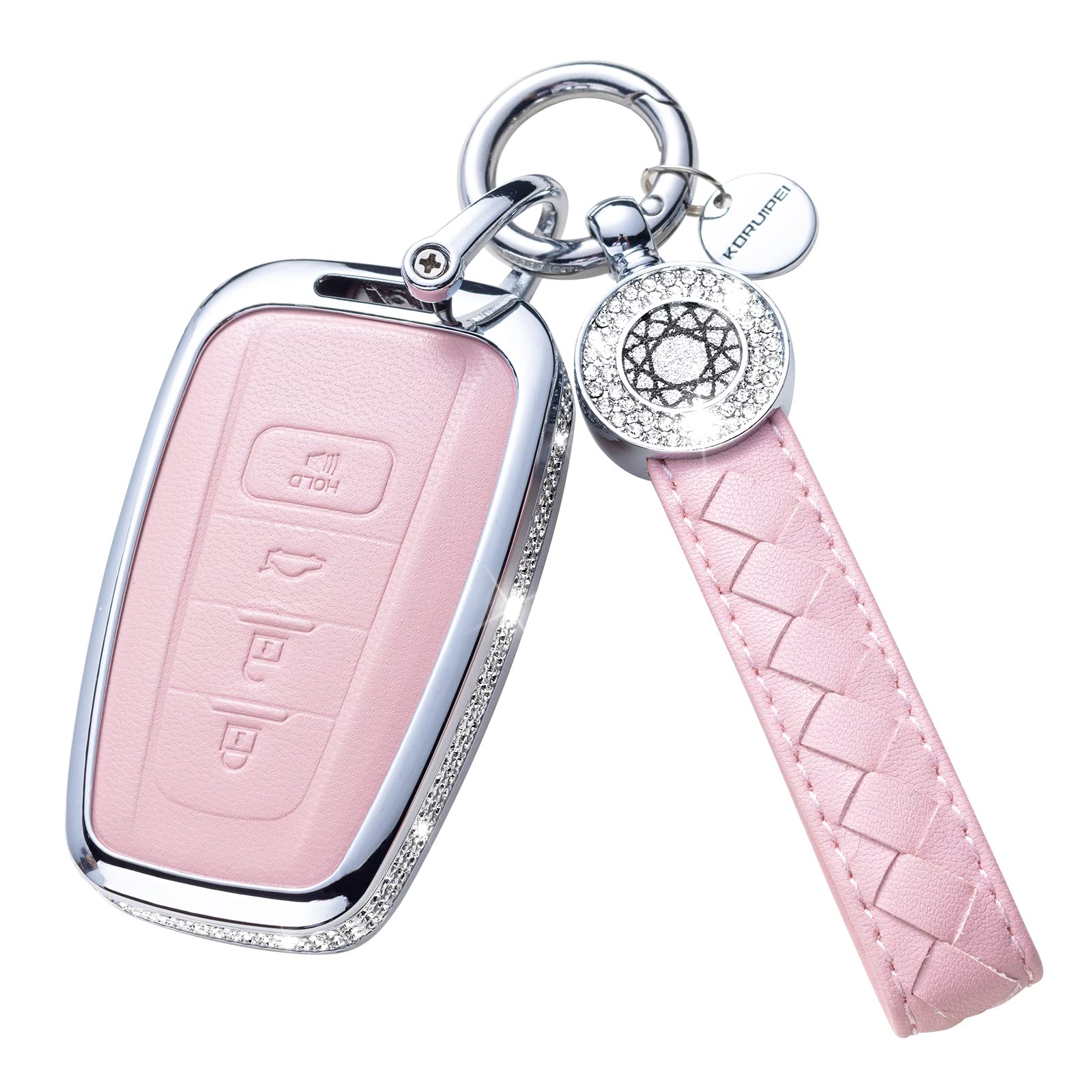 Ruabiban Compatible With Toyota Key Fob Cover With Keychain, Pink Genuine Leather Crystal Key Case Protection Shell For 2018-202